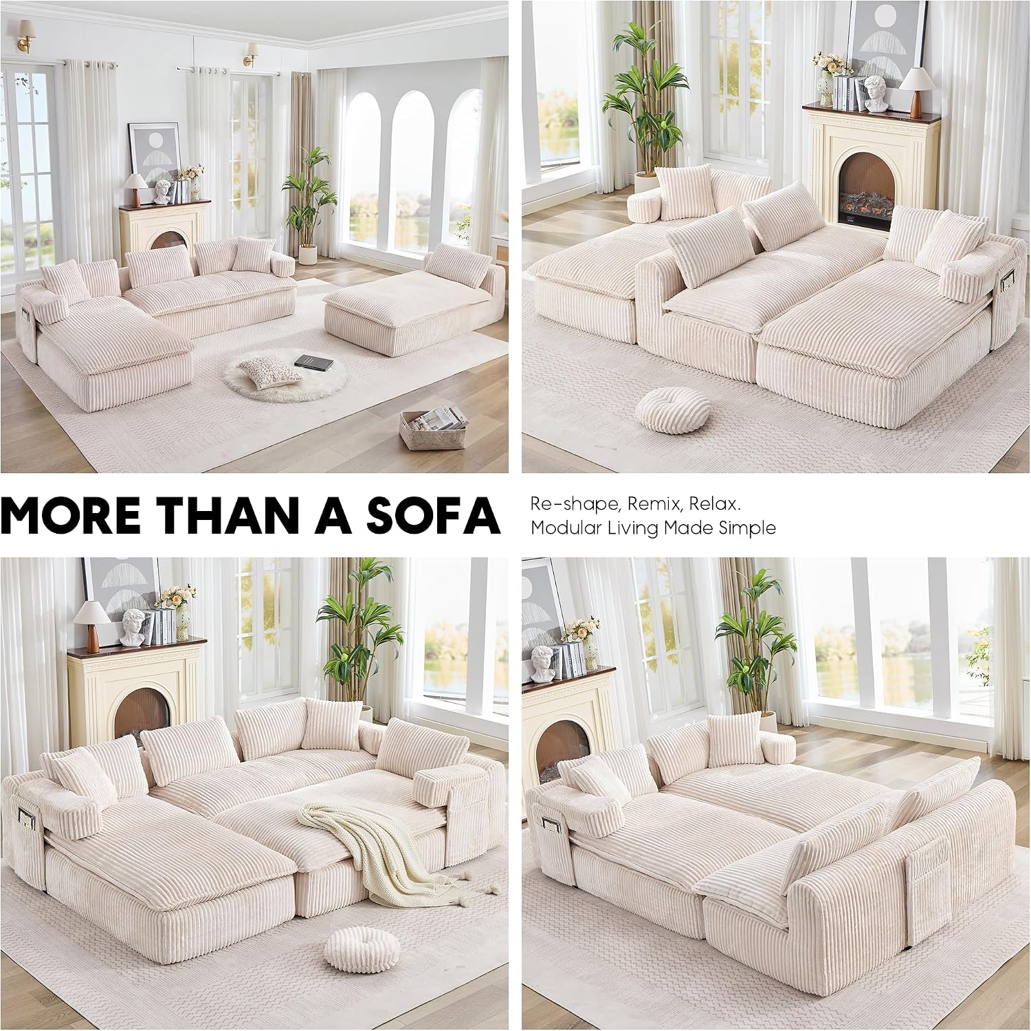 Oversized Cloud Boneless Couch with Chaise, 149' Modern U Shape Modular Deep Seat Sectional Sofa, Comfy Corduroy Upholstered Couches for Living Room, No Assembly Required, Beige White