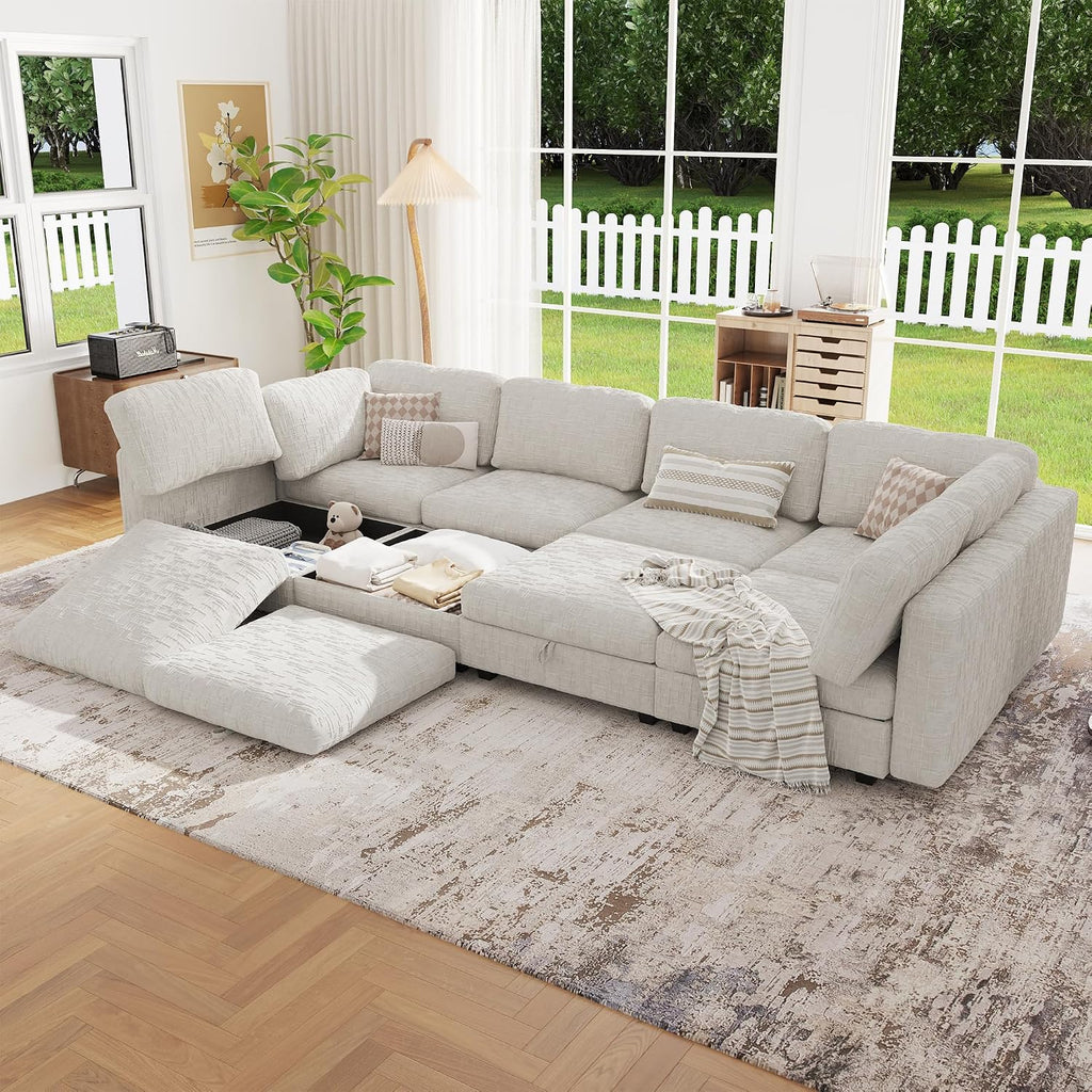 128' Modular Sectional Chenille Sofa bed with Hidden Storage, Comfy Modern 8 Seater Oversized Deep Seat Couch, Modular Sectional with Ottoman and Removable Cover for Living Room, Apartment, Beige