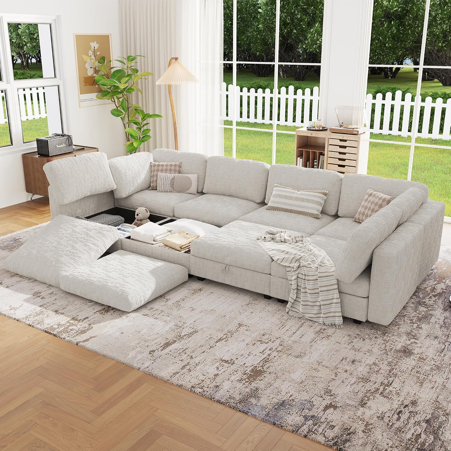 128' Modular Sectional Chenille Sofa bed with Hidden Storage, Comfy Modern 8 Seater Oversized Deep Seat Couch, Modular Sectional with Ottoman and Removable Cover for Living Room, Apartment, Beige