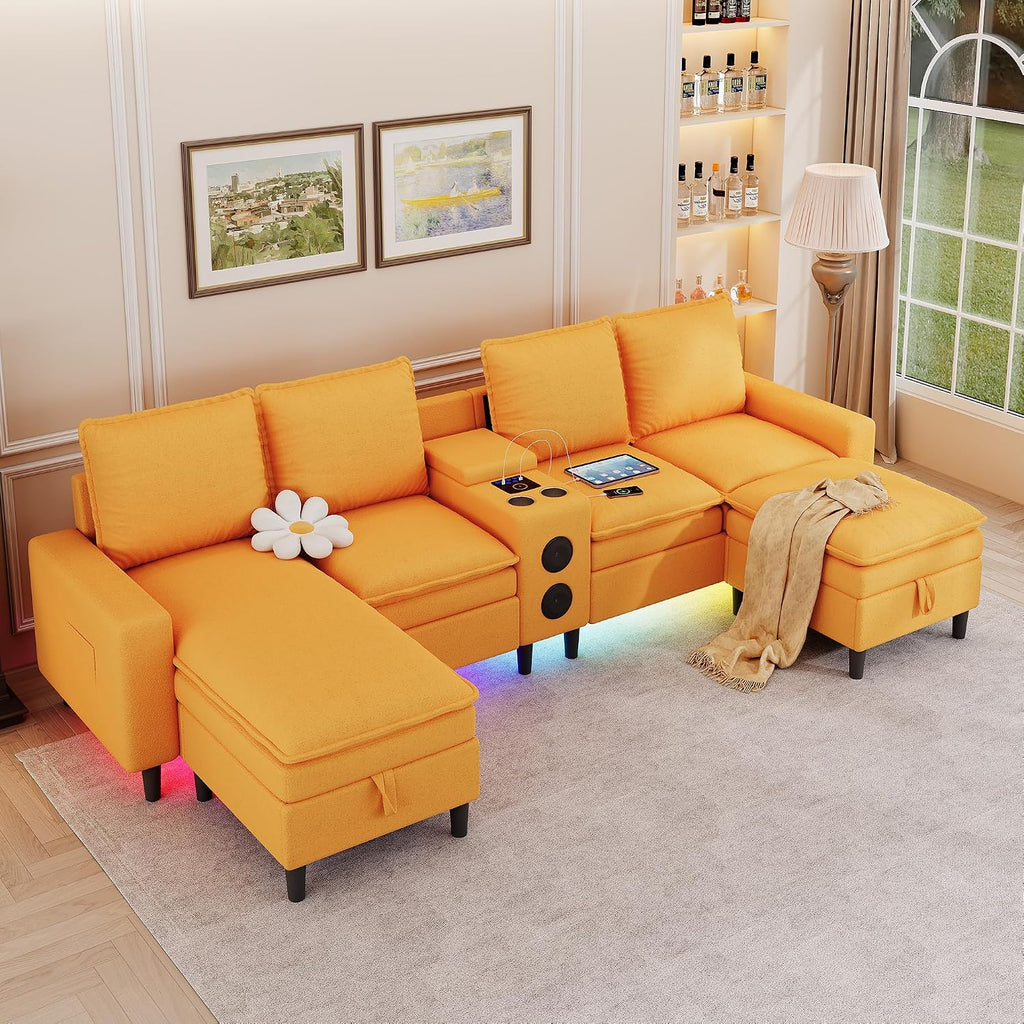 Sectional Couches for Living Room, 4 Seat Sectional Sofa with Smart Module-Bluetooth Speaker/RGB Light/Charging Station, Teddy Fleece U Shaped Cloud Couch with Storage Ottoman (Yellow)