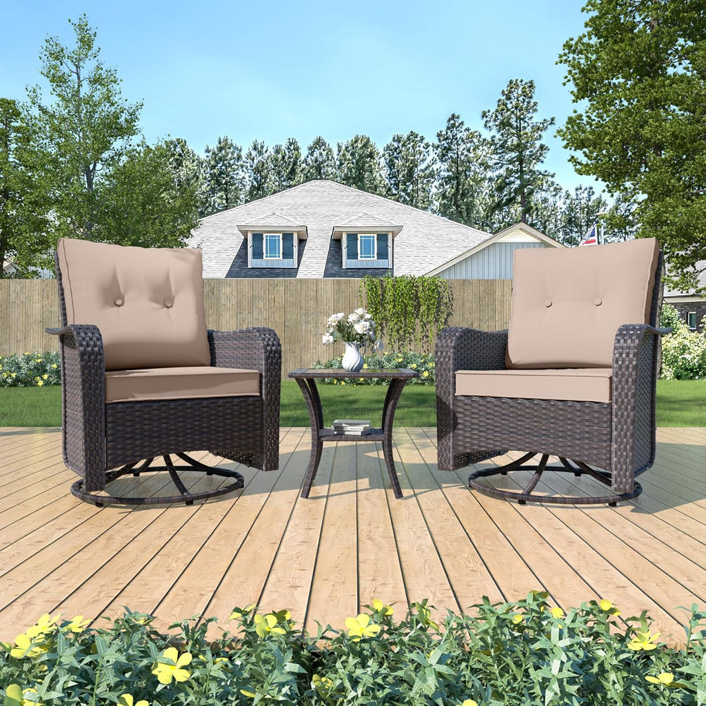 Kurapika 3 Pieces Patio Furniture Set Outdoor Swivel Gliders Rocker, Wicker Patio Bistro Set, Rattan Rocking Chair with Tempered Glass Side Table and Thickened Cushions (Sand)