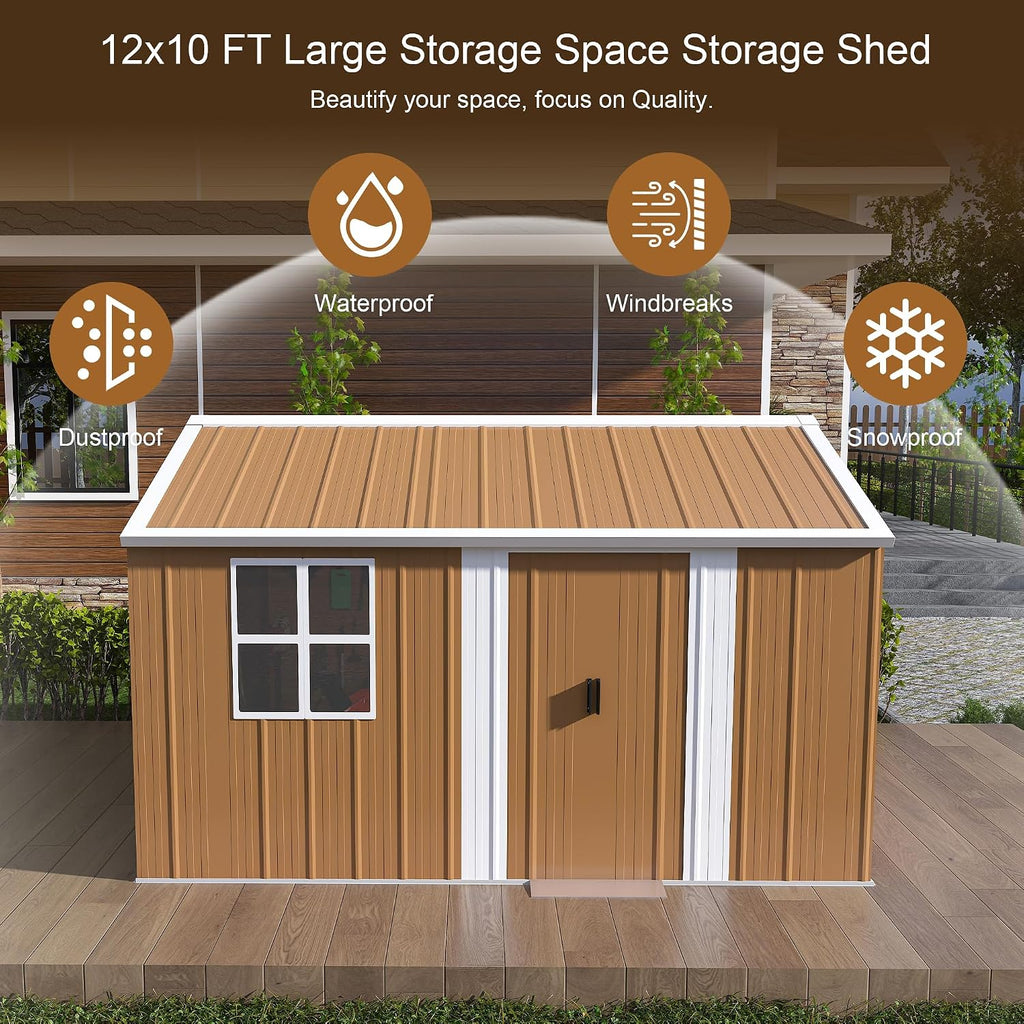 Montary 10X12 FT Outdoor Storage Shed with Windows, Lockable Door & Ventilation - Weatherproof Metal Garden Shed, Outdoor Tool Storage House for Backyard, Lawn, Patio,Yard