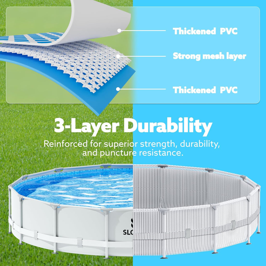 SLOOSH Round Above Ground Pool - 15ft x 42inch Outdoor Round Frame Above Ground Swimming Pool Set Kiddie Pool for Kids Adults with Filter Pump Ladder