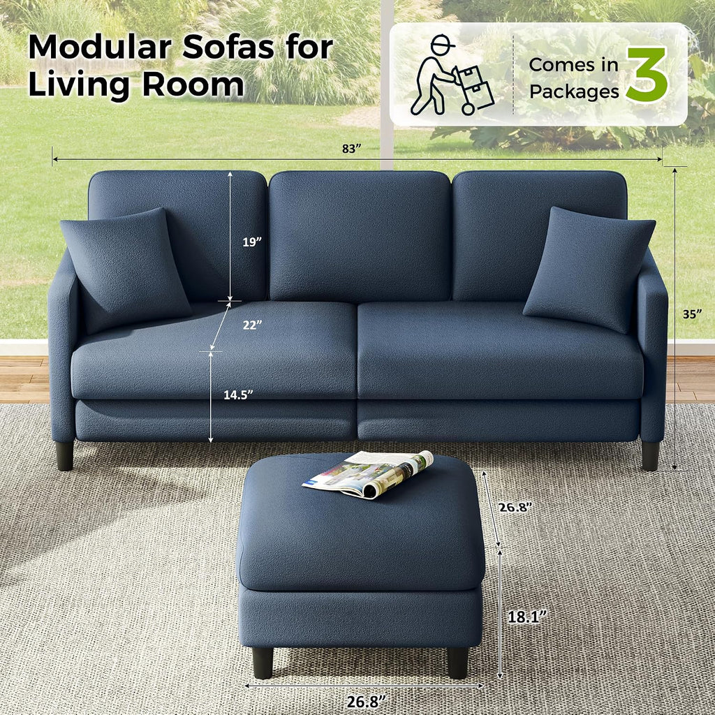 Welzona 83' Couches for Living Room, Teddy Sofa Couch with Storage Ottoman, L Shaped Couch with Movable Ottoman, Tool-Free Modular Sectional Sofa, All-Wood Sofas for Living Room 2 Pillows, Blue Grey