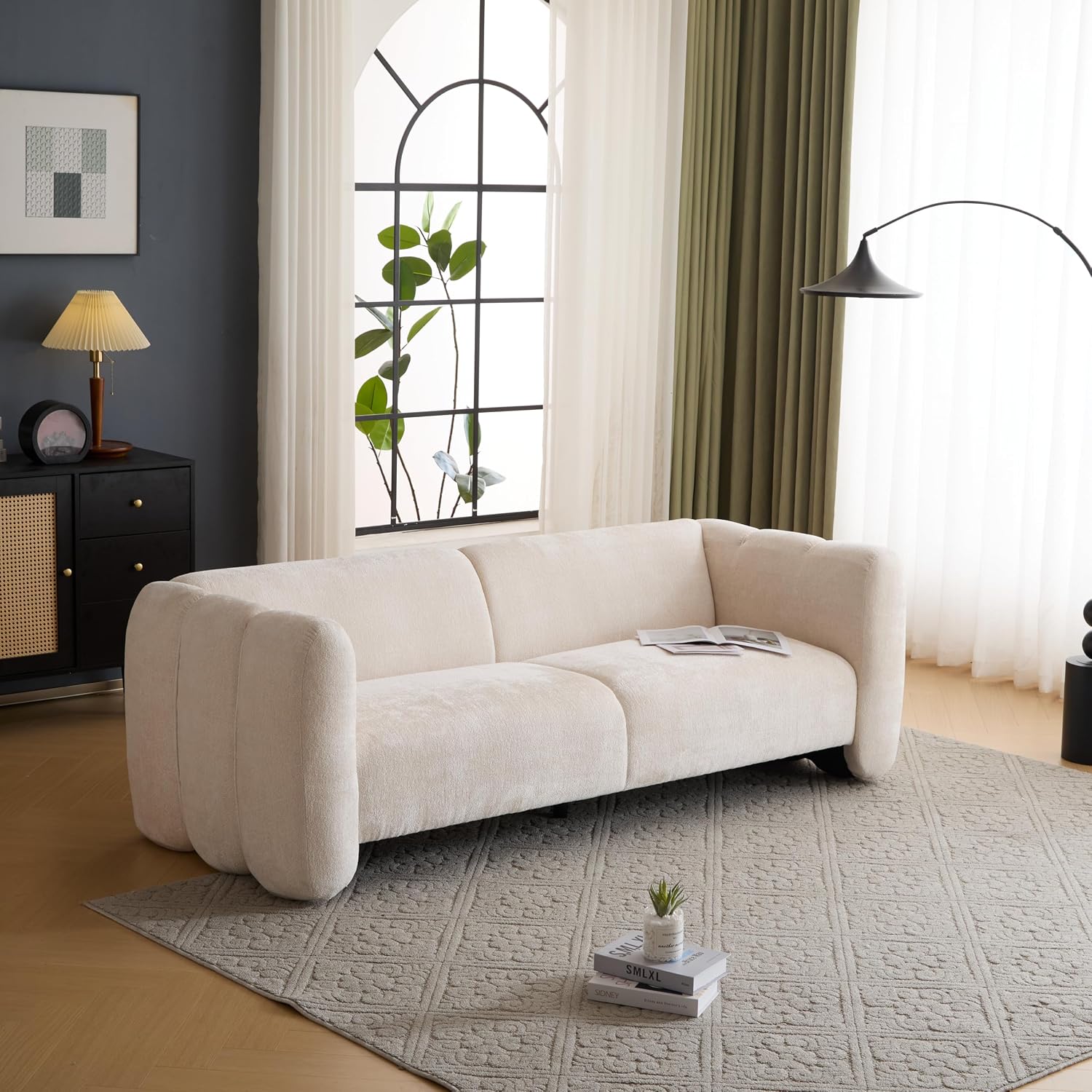 Christopher Knight Home Carine 83'' Sofa Couch, Cozy Boucle Fabric Upholstered 3-Seater Seating Sofa, Comfy Couches for Living Room and Office, Modern Oversized Loveseat, Curved Wave Design, Beige