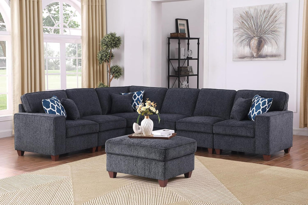 Ball & Cast 116' L-Shaped Sectional Couch with Movable Ottoman & 6 Throw Pillow,7 Seat Chenille Upholstered Sectional Sofa W/Wide Armrest,DIY Combination,Comfy Sectionals Set for Living Room,Dark Gray