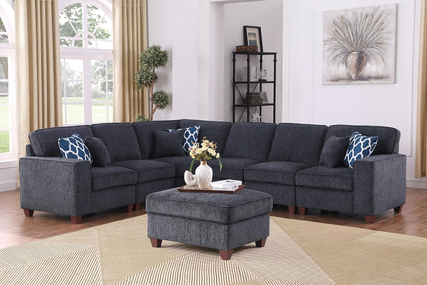 Ball & Cast 116' L-Shaped Sectional Couch with Movable Ottoman & 6 Throw Pillow,7 Seat Chenille Upholstered Sectional Sofa W/Wide Armrest,DIY Combination,Comfy Sectionals Set for Living Room,Dark Gray