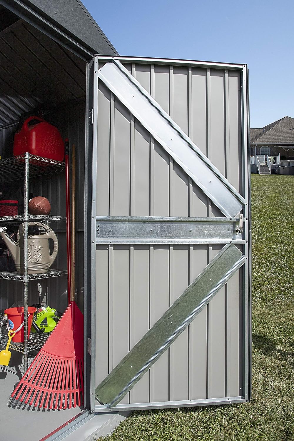 Arrow Shed Elite 8' x 4' Tall Outdoor Steel Storage Shed with High Gable and Lockable Doors Storage Building with Pent Roof, Anthracite