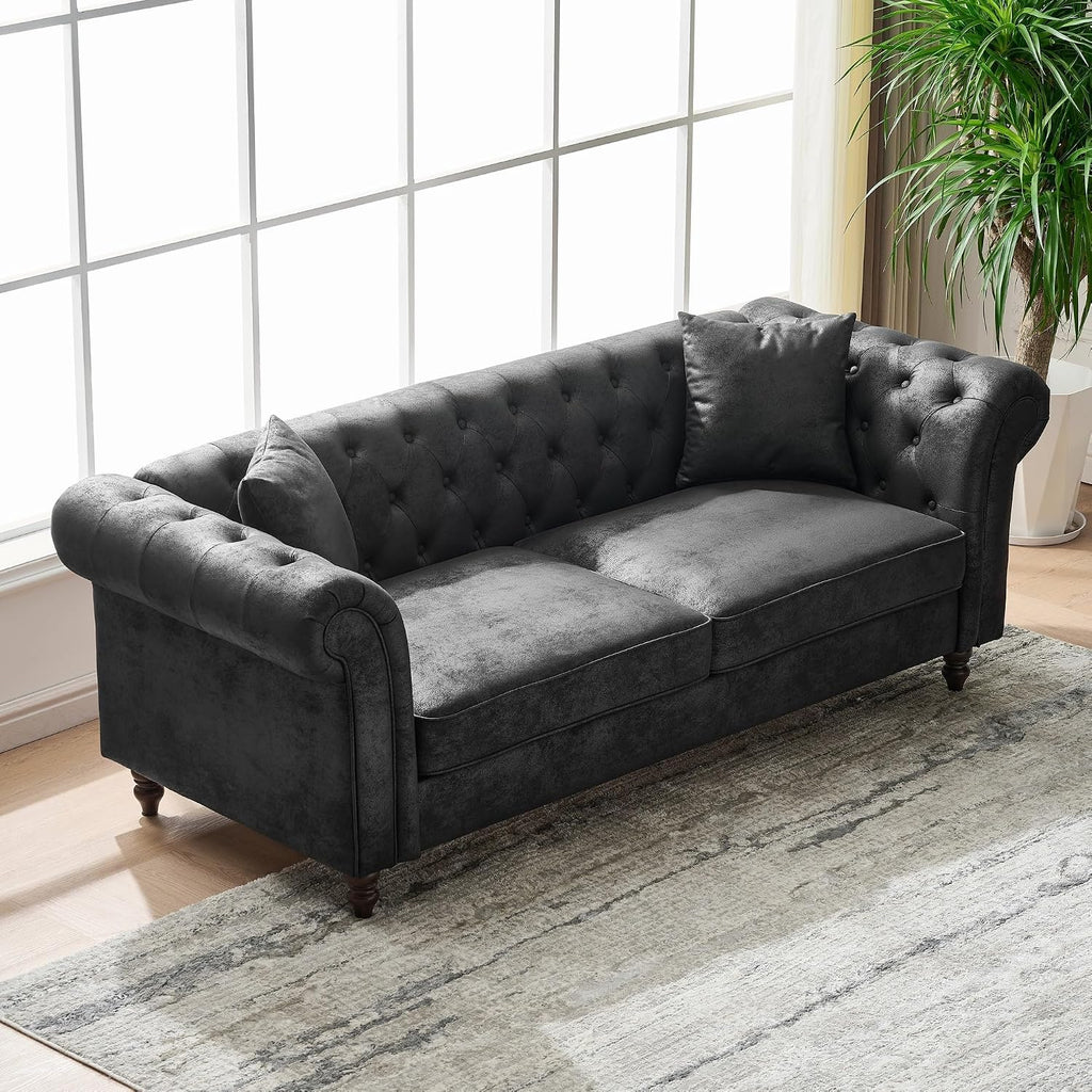 Air Leather Tufted Sofa Couch for Living Room, Rolled Arm 3-Seater Sofa Couch with 2 Pillows, Small Apartment Chesterfield Sofa