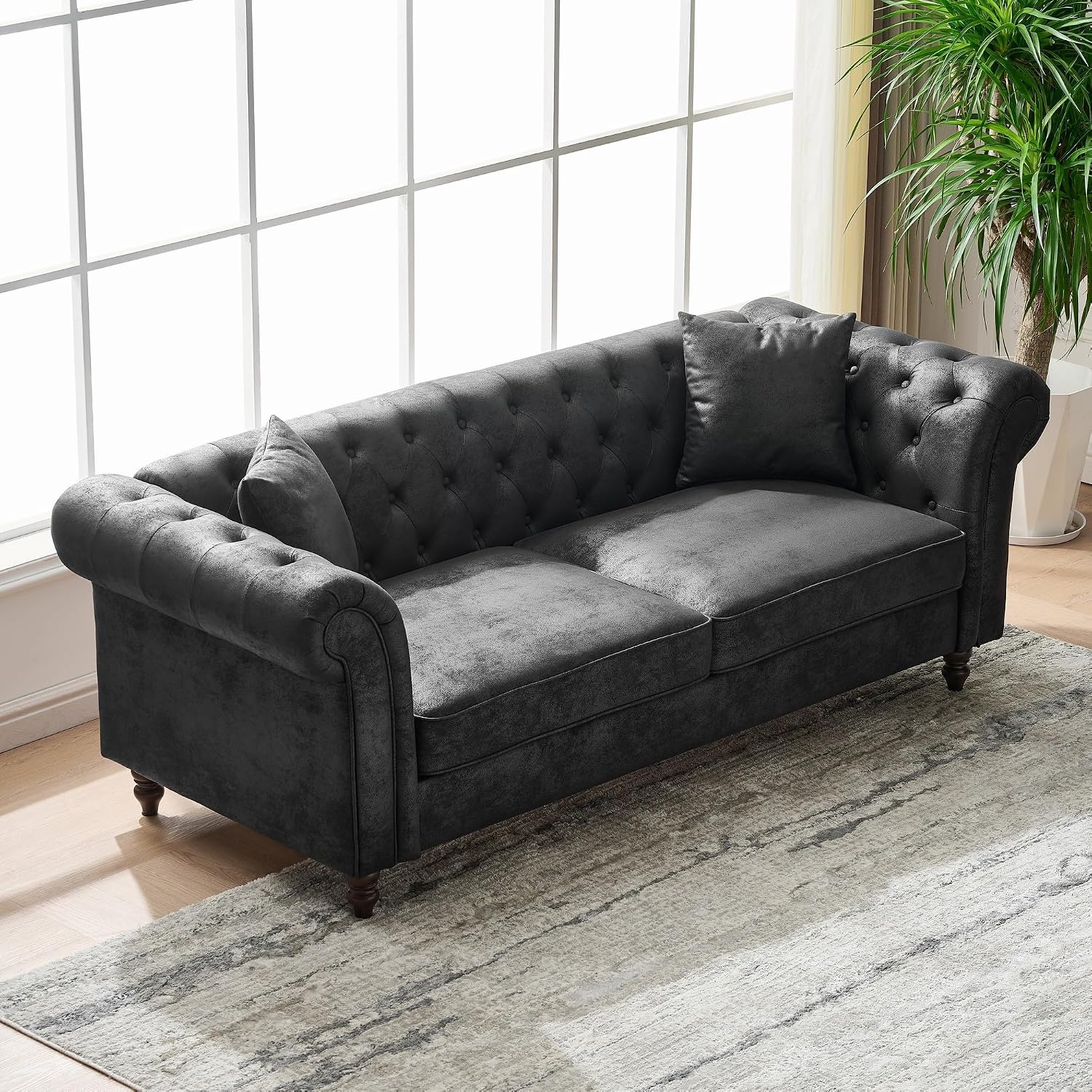 Air Leather Tufted Sofa Couch for Living Room, Rolled Arm 3-Seater Sofa Couch with 2 Pillows, Small Apartment Chesterfield Sofa