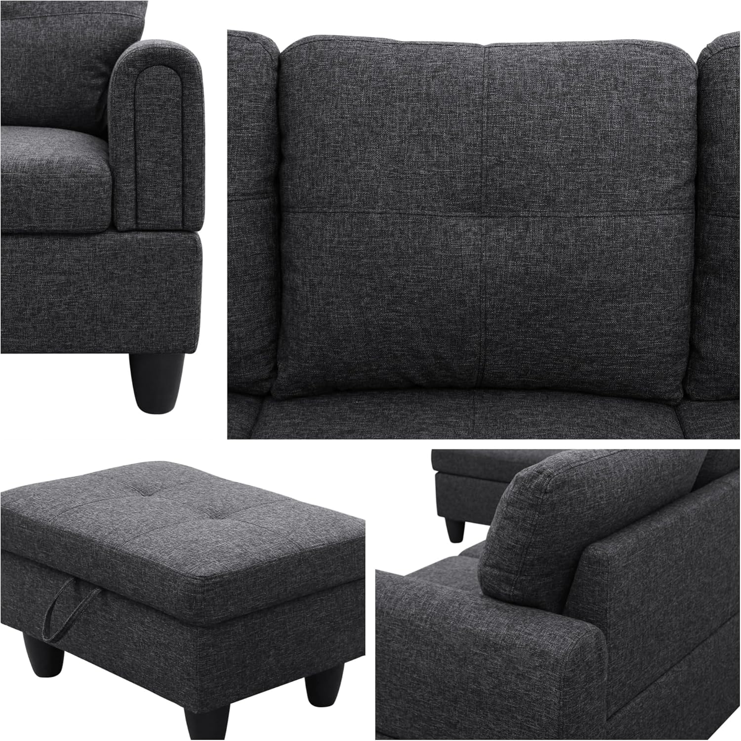 L-Shaped Sectional Sofa with Movable Chaise & Storage Ottoman, Lounge 3-Piece Modular Convertible Couches for Living Room, Apartment & Office, Blackish Gray
