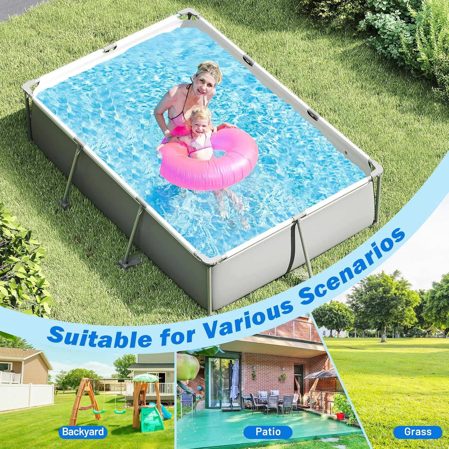 Moccha 10' x 6.8' Rectangle Above Ground Pool, Metal Frame Family Pool Set with PVC Fabric, 3 Stoppers, Drainage Valve Connector, Outdoor Backyard Swimming Pool, 978 Gallons of Water