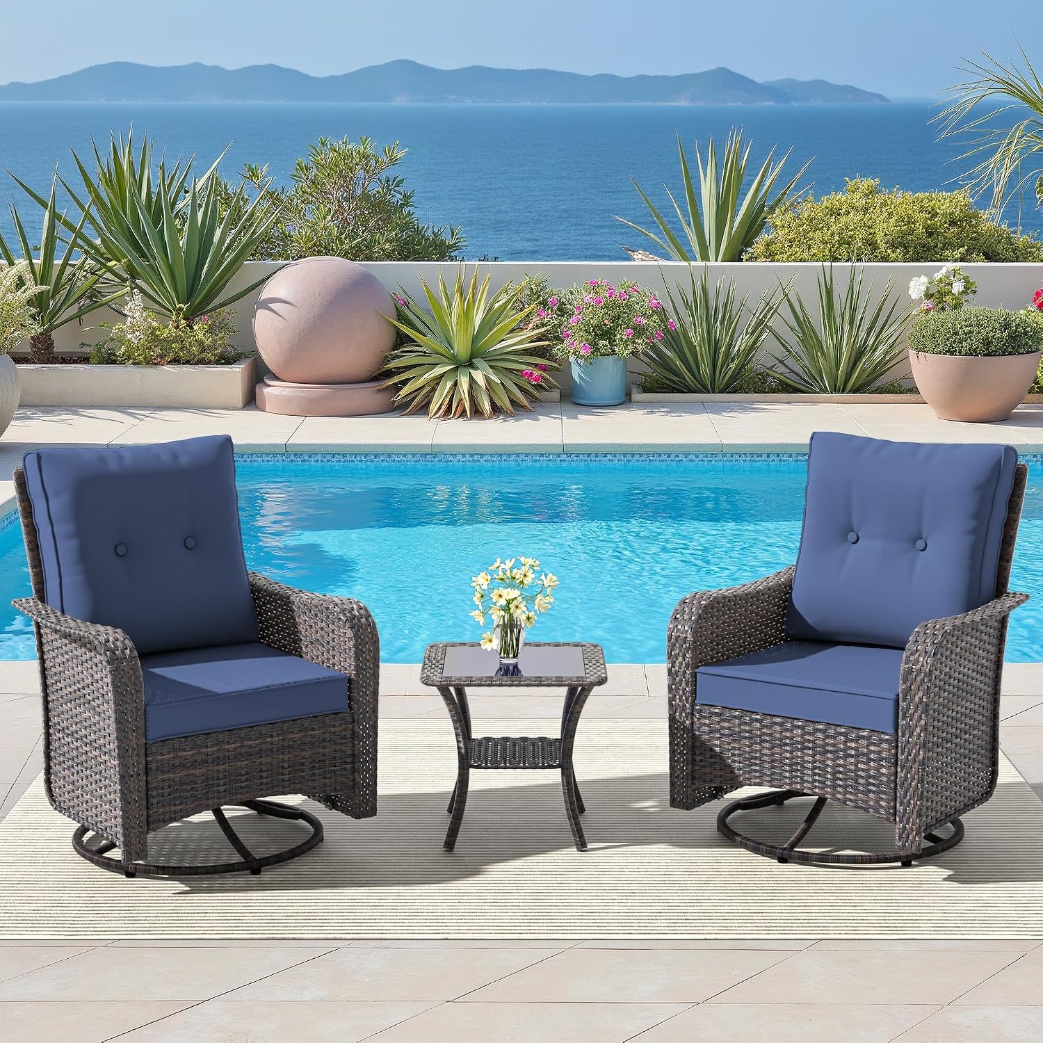 ALAULM Outdoor Swivel Rocking Chairs Set of 2 with 4'Thick Cushions and High Back, Wicker Patio Chairs w/Side Table for Patio, Porch, Poolside, Deck, Backyard, Garden-Dark Blue
