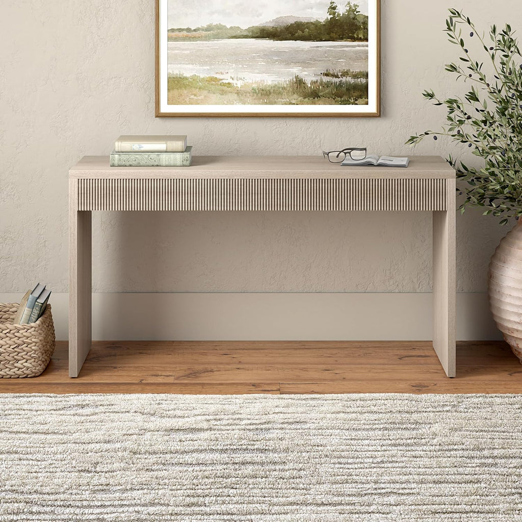 Henn&Hart 55' Rectangular Fluted Console Table, Ribbed Entryway Table, Sofa Table for Entryway, Living Room, Couch, Hallway, or Office, Beech White