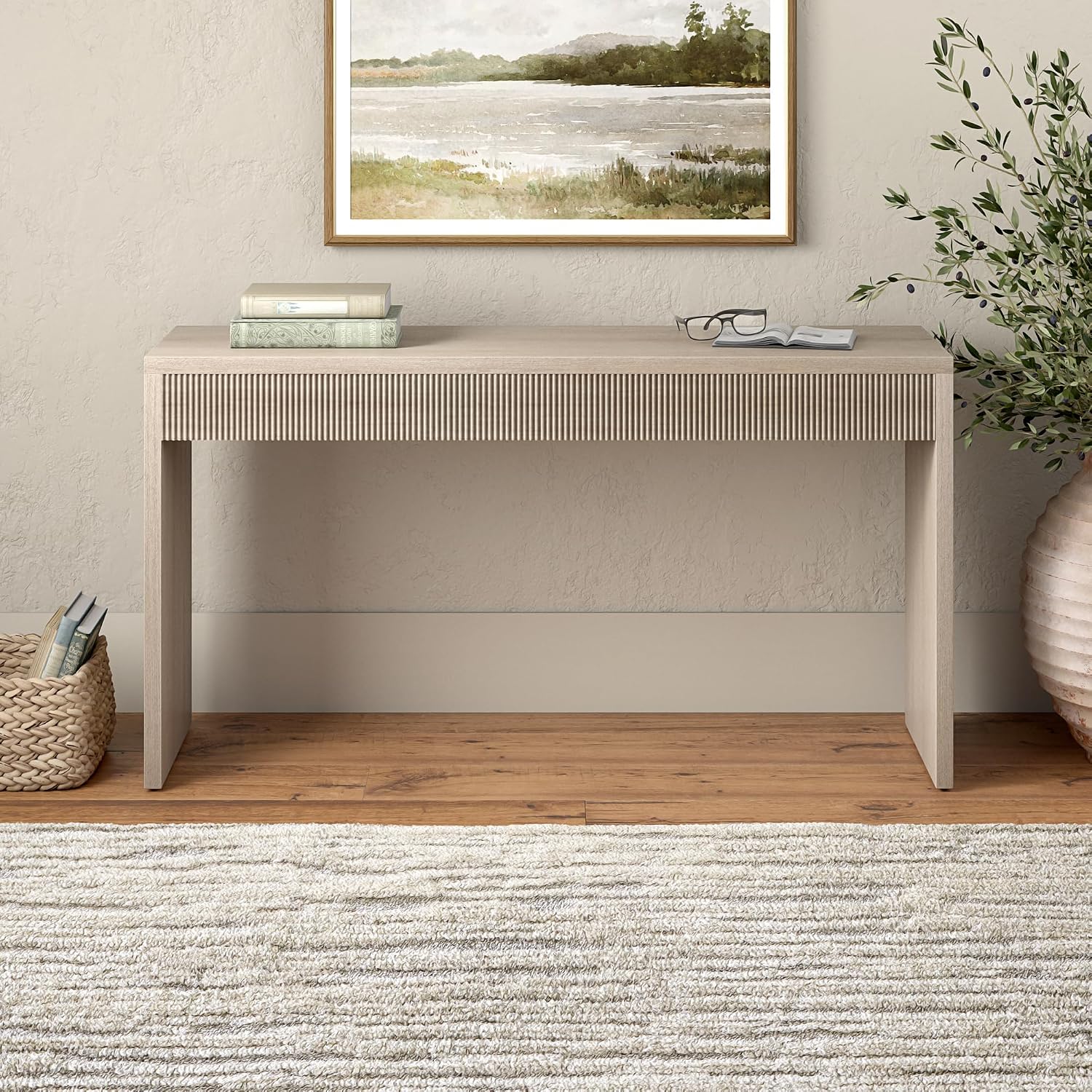 Henn&Hart 55' Rectangular Fluted Console Table, Ribbed Entryway Table, Sofa Table for Entryway, Living Room, Couch, Hallway, or Office, Beech White