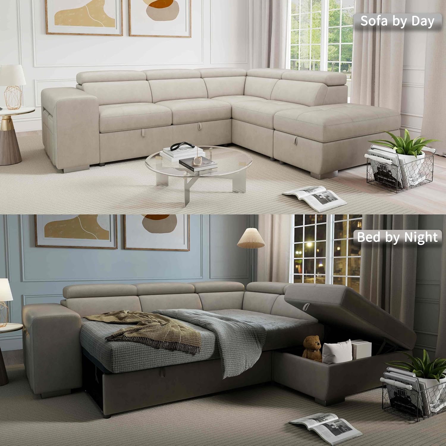 THSUPER 104'' Microfiber L Shaped Sectional Sleeper Sofa Couch with Pull Out Bed and Storage Ottoman, Convertible Couches with Adjustable Headrest for Living Room, Right Facing Chaise. Beige