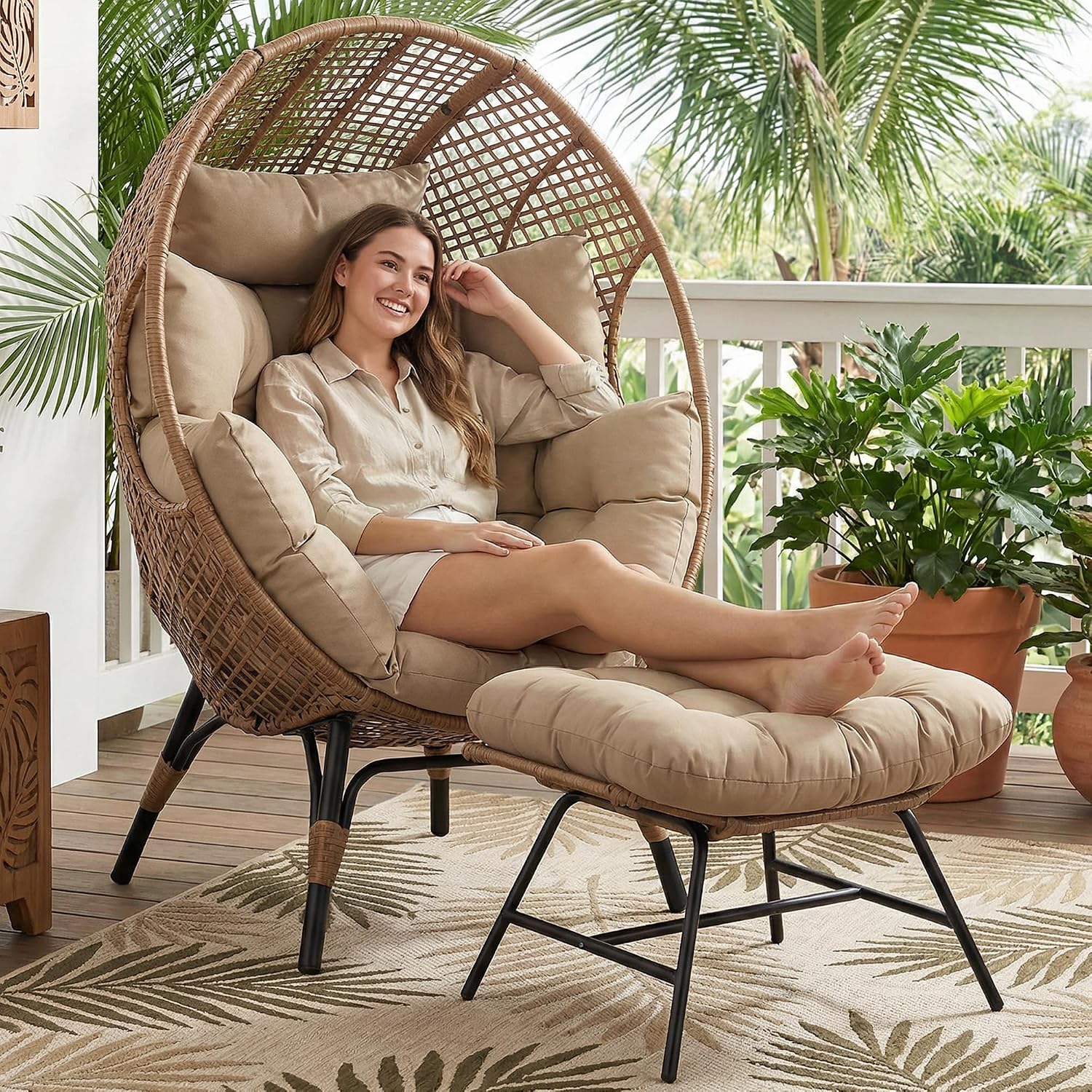 RADIATA Egg Chair with Footrest, Wicker Patio Lounger with Ottoman, Oversized Rattan Egg Shaped Chair with Leg for Indoor Outdoor Patio Balcony Garden (Brown)