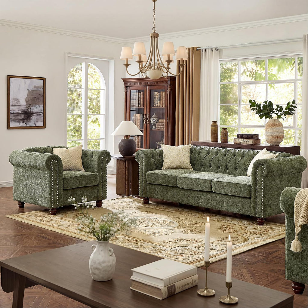 Modern Chesterfield 2-Piece Chenille Sofa & Armchair Combo, Tufted Couch and Accent Chair with Rolled Arms Nailhead Trim and Solid Wood Legs Traditional Upholstered Sofa Set for Living Room Home Green