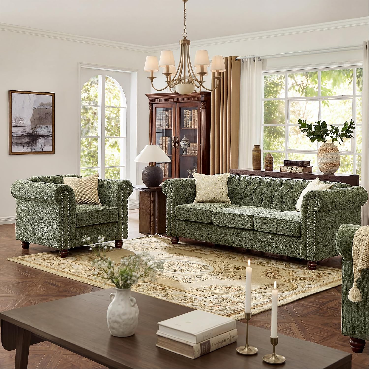 Modern Chesterfield 2-Piece Chenille Sofa & Armchair Combo, Tufted Couch and Accent Chair with Rolled Arms Nailhead Trim and Solid Wood Legs Traditional Upholstered Sofa Set for Living Room Home Green