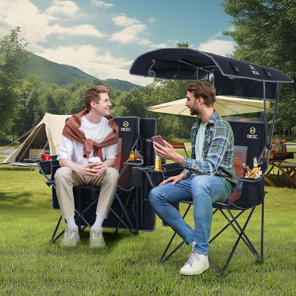 Nice C Chair with Canopy, Heated Camping Chair with Battery, Outdoor Sports Chairs with Shade, Heated Folding Umbrella Lawn Chairs, with Removable Footrest (2-Pack)