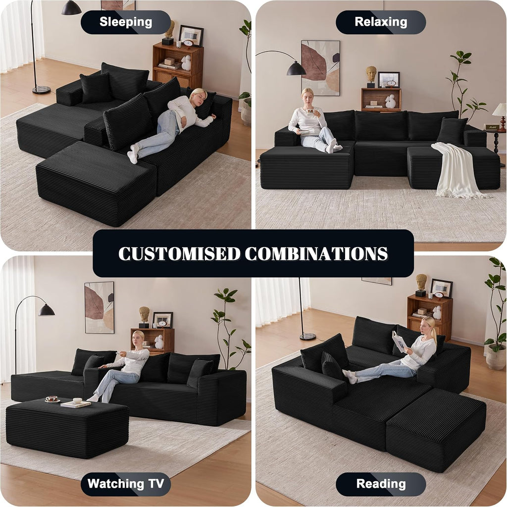 Mangodan 110' Cloud Sectional Couch, Modular Sectional Sofa with Deep Seat, Boneless Sofa for Living Room, Fluffy Comfy U-Shaped Couch with Left Facing Chaise, No Assembly Required, Black