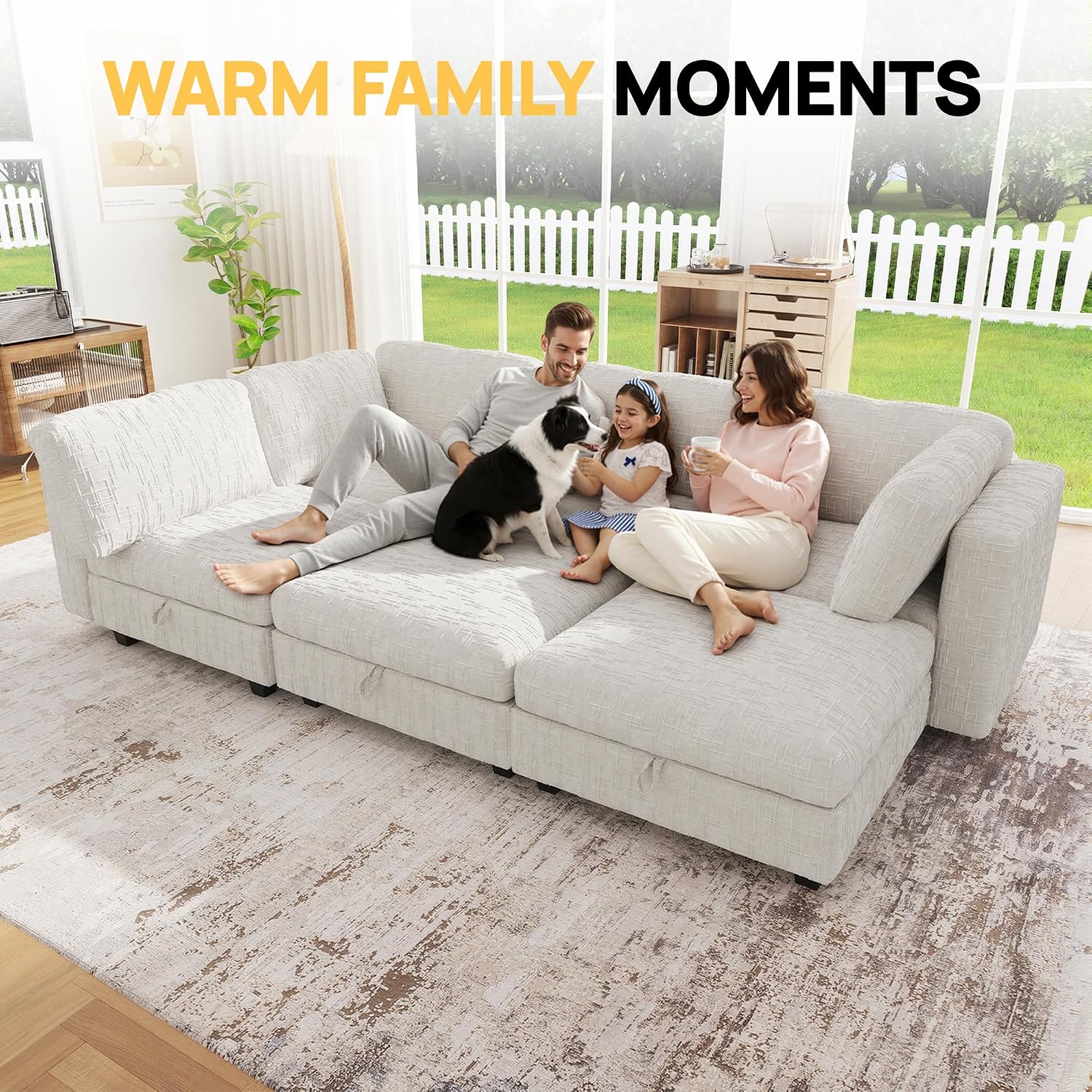 99' Modular Sectional Chenille Sofa bed with Hidden Storage, Comfy Modern 6 Seater Oversized Deep Seat Couch, Modular Sectional with Ottoman and Removable Cover for Living Room, Apartment, Beige