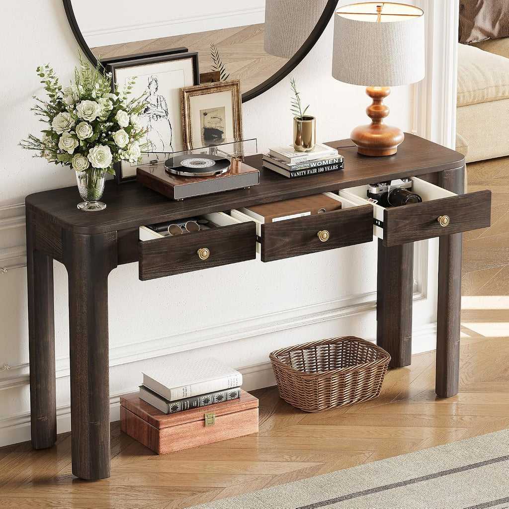 LKTART Solid Wood Entryway Table with 3 Drawers,Farmhouse Console Table Sofa Table with Curved Corners for Hallway,Foyer,Living Room (52' Espresso)