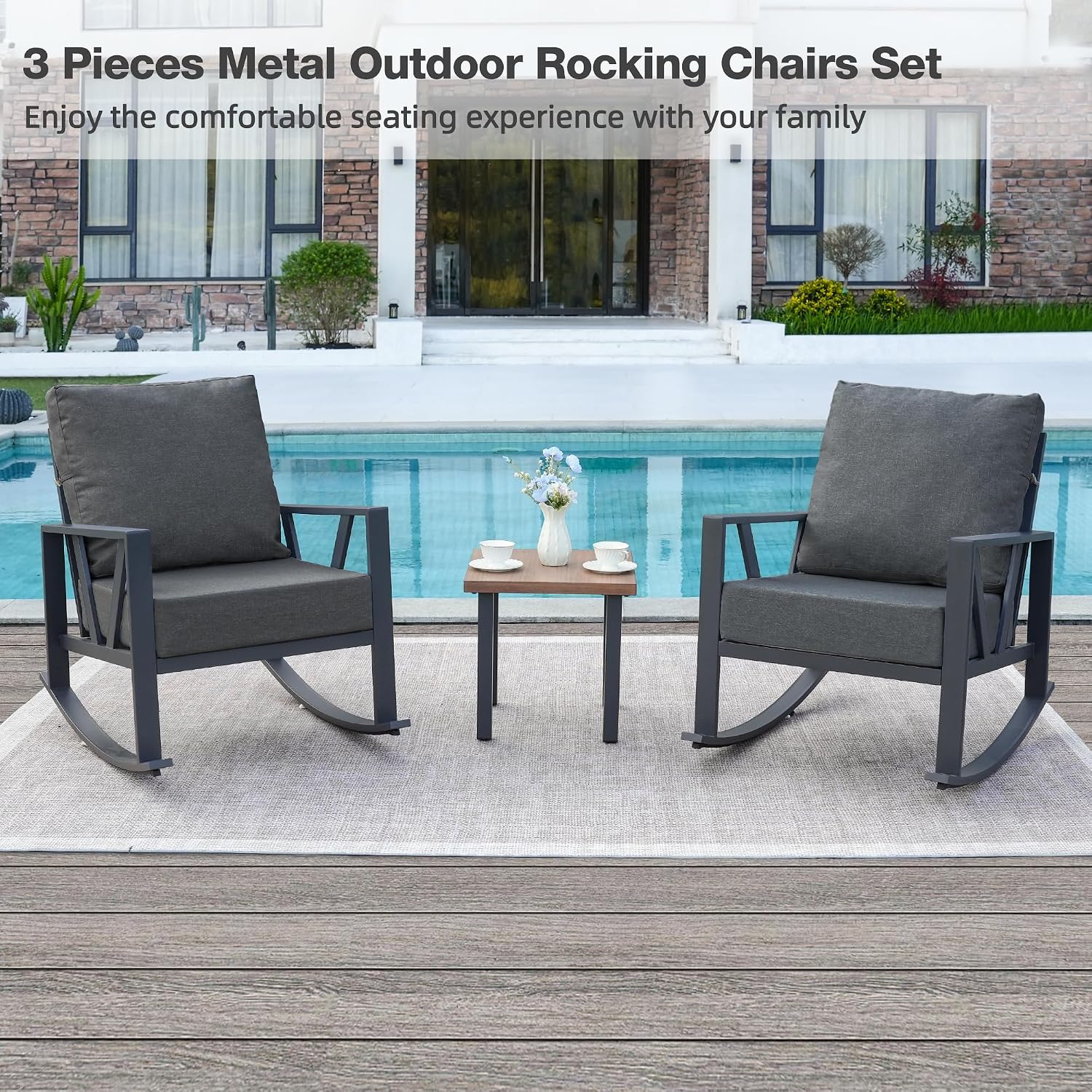 Outdoor Patio Rocking Chairs Set of 2, 3 Pieces Patio Porch Furniture Set with 6' Thick Cushions, Outdoor Bistro Set with Coffee Table, Dark Grey