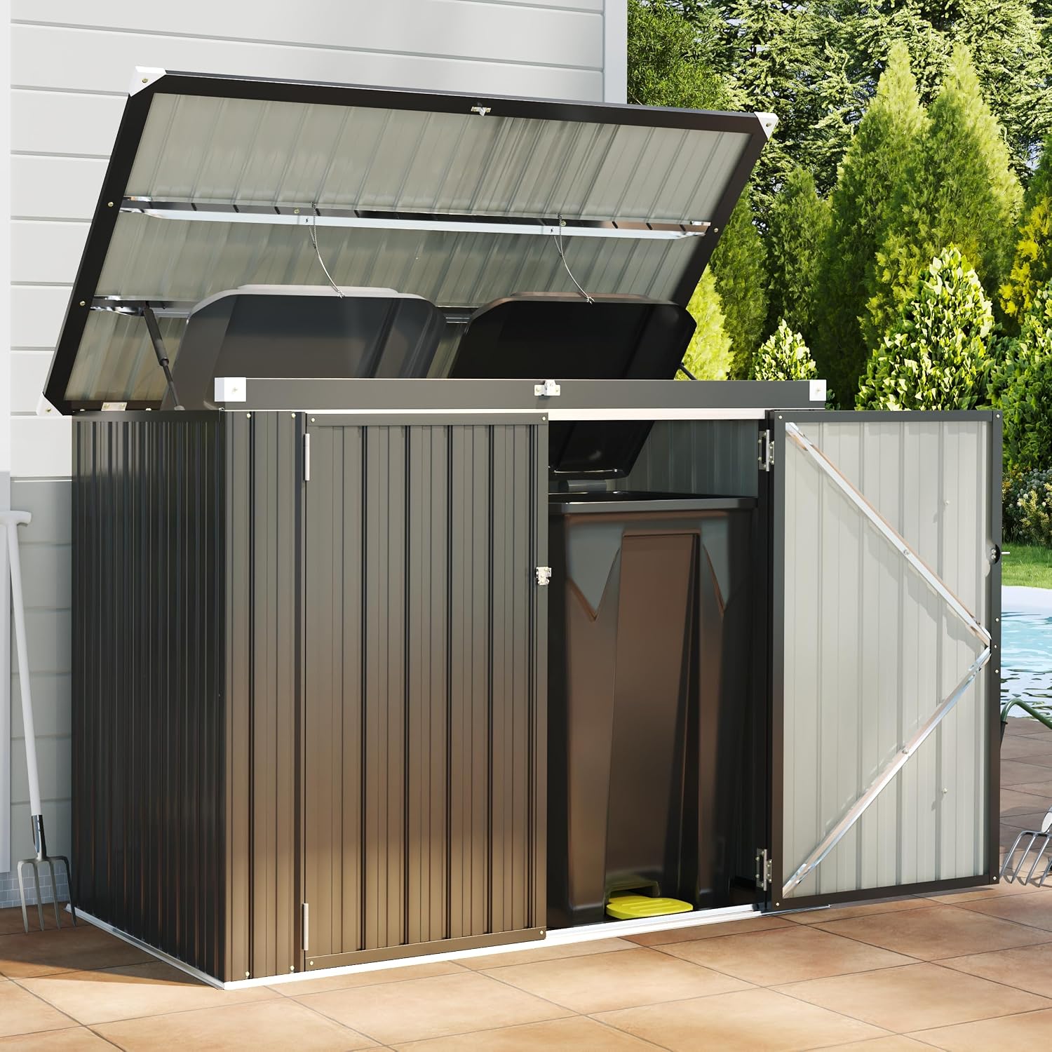 Outdoor Trash Can Storage Shed - Metal Waterproof Outdoor Garbage Can Organizer with Chain Lid, Ideal for Trash Bins, Toys, Garden Tools for Garden/Backyard/Patio