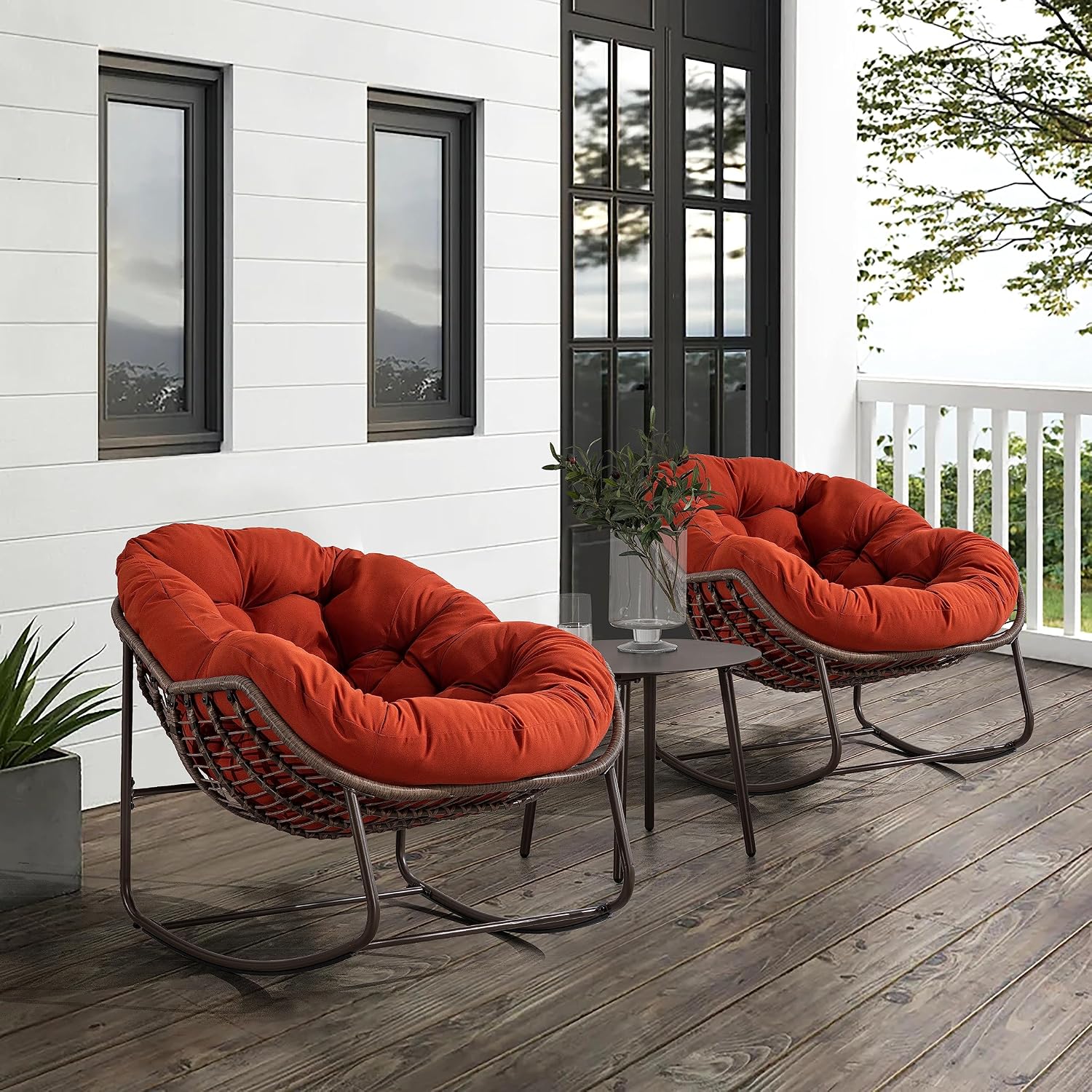 Wicker Outdoor Rocking Chair Rattan Egg Chair with Thick Cushion 30° Smooth Rocking Patio Lounge Reclining for Indoor Outdoor Use Living Room Front Porch Balcony Lawn Garden, Orange