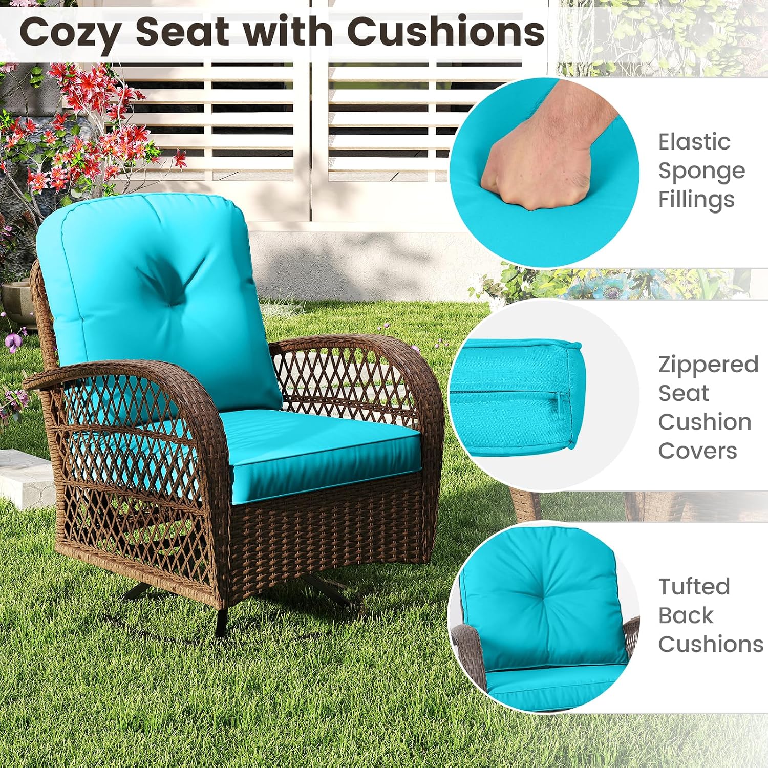 ORALNER 3 Pieces Wicker 360° Swivel Rocker Set Patio Furniture, Rocking Chairs with Cushions, Tempered Glass Coffee Table, Outdoor Rattan Bistro Set for Balcony Front Porch Deck Poolside (Turquoise)