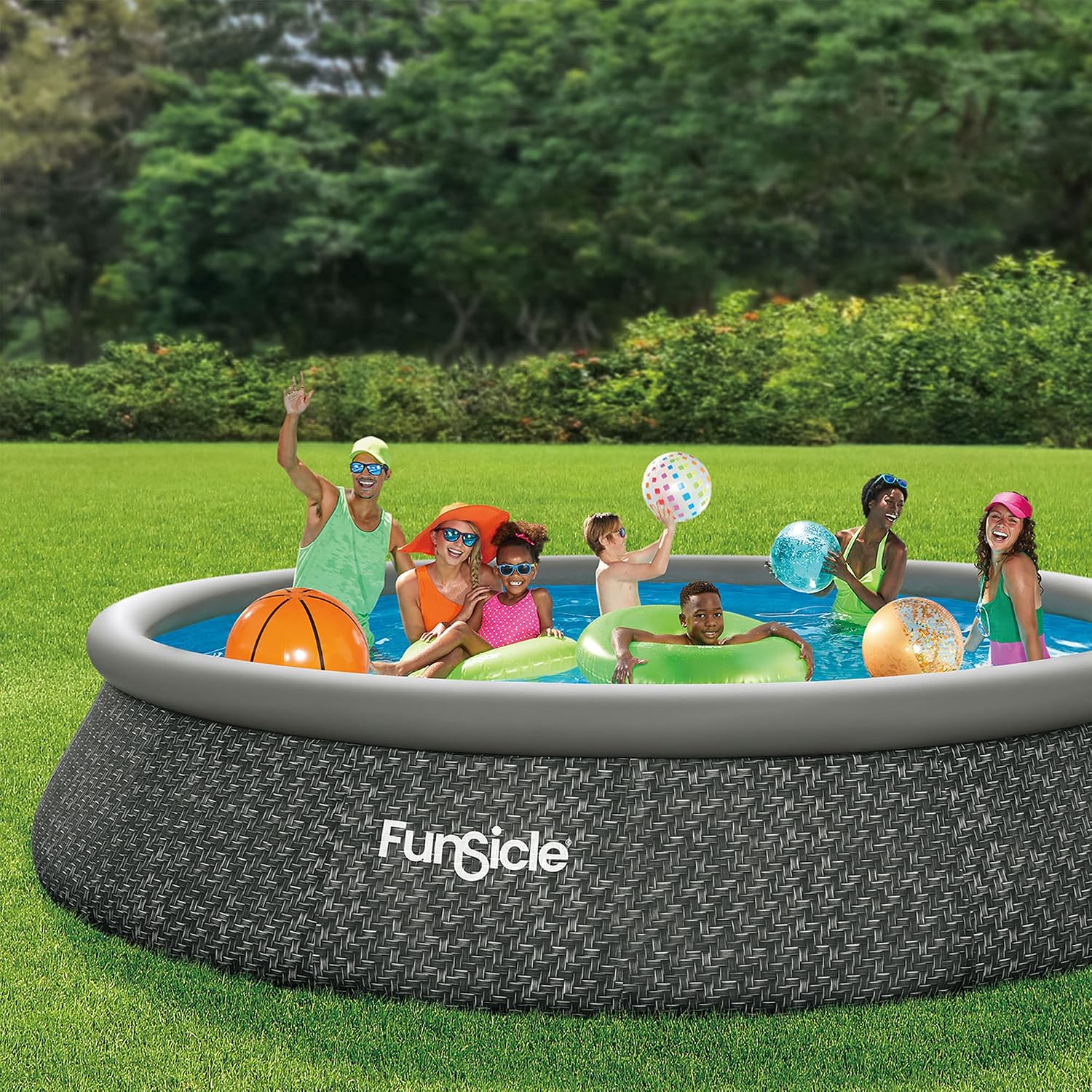 Funsicle 15' x 36' QuickSet Round Inflatable Ring Top Outdoor Above Ground Swimming Pool Set with Pump and Cartridge Filter, Dark Herringbone