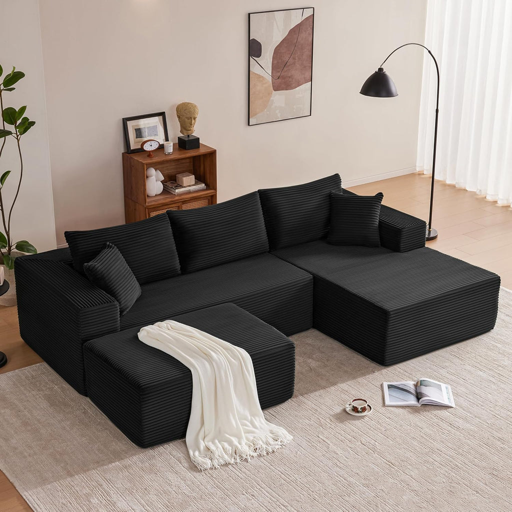 Mangodan 110' Cloud Sectional Couch, Boneless Sofa for Living Room, Modular Sectional Sofa with Deep Seat, Comfy Fluffy U-Shaped Couch with Right-Facing Chaise, No Assembly Required, Black