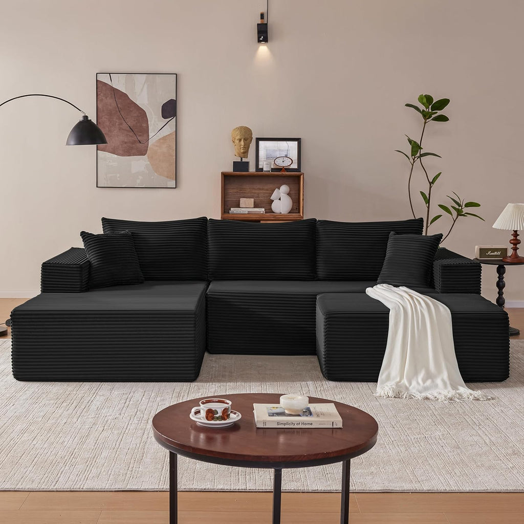 Mangodan 110' Cloud Sectional Couch, Modular Sectional Sofa with Deep Seat, Boneless Sofa for Living Room, Fluffy Comfy U-Shaped Couch with Left Facing Chaise, No Assembly Required, Black
