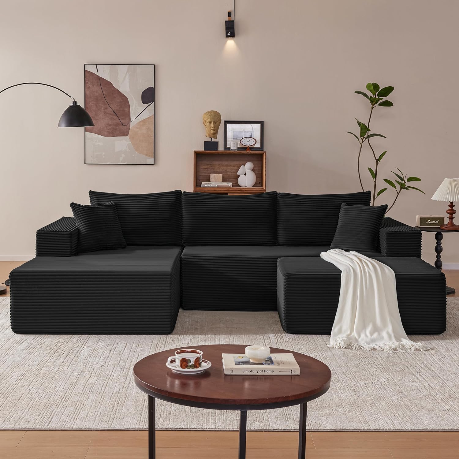Mangodan 110' Cloud Sectional Couch, Modular Sectional Sofa with Deep Seat, Boneless Sofa for Living Room, Fluffy Comfy U-Shaped Couch with Left Facing Chaise, No Assembly Required, Black