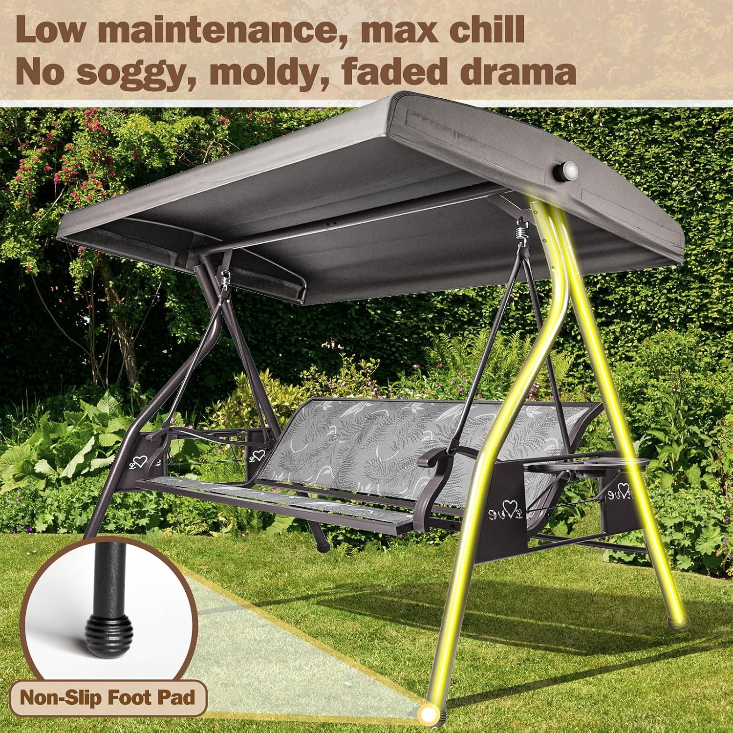 ZZW 3 Person Patio Swing Outdoor Swing for Adults with Adjustable Canopy &Upgraded Cup Holders Textilene Fabric Porch Swing Chair with Stand Heavy Duty 800 LBS