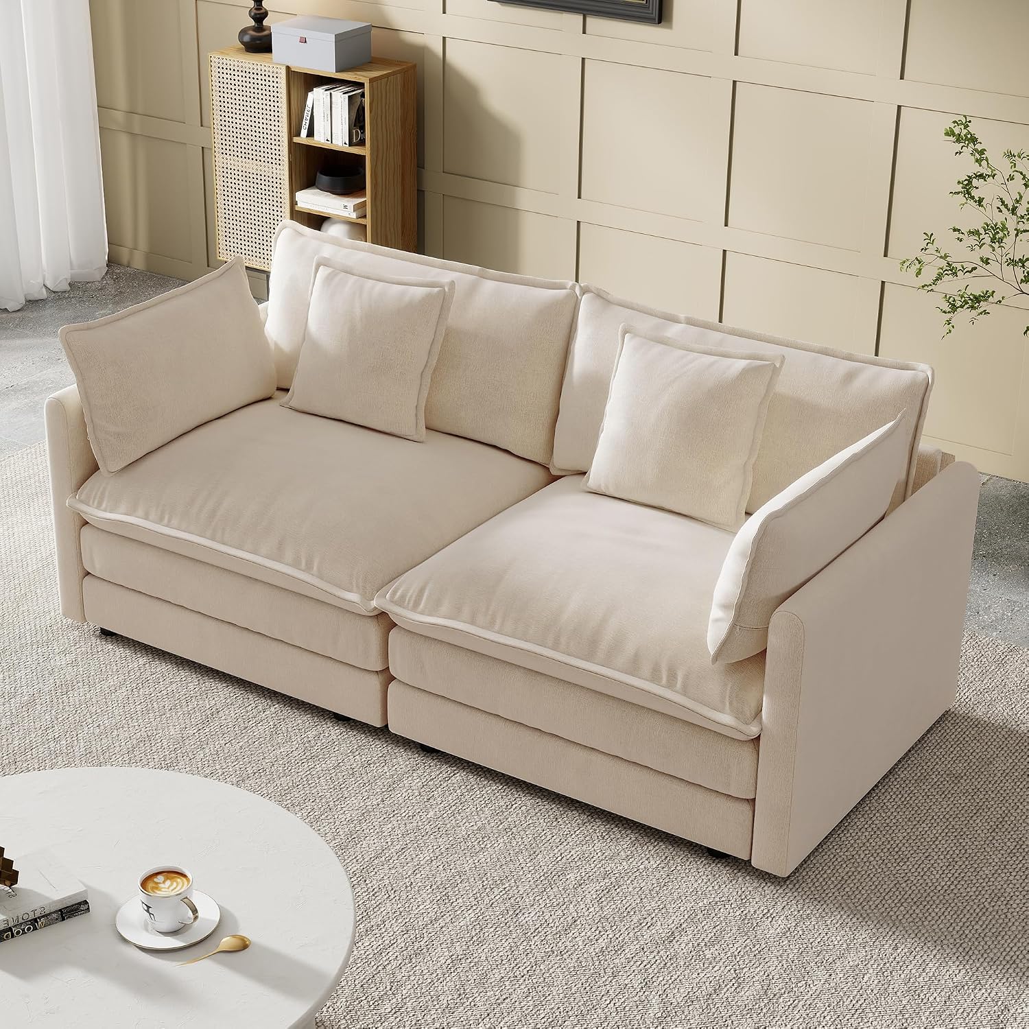 Modular Sectional Sofa, 76.7 Inch I-Shaped Cloud Sofa with Deep Seat Comfortable Chenille Sofa with Cushion Double Sectional Sofa for Living Room Apartment,Light Coffee