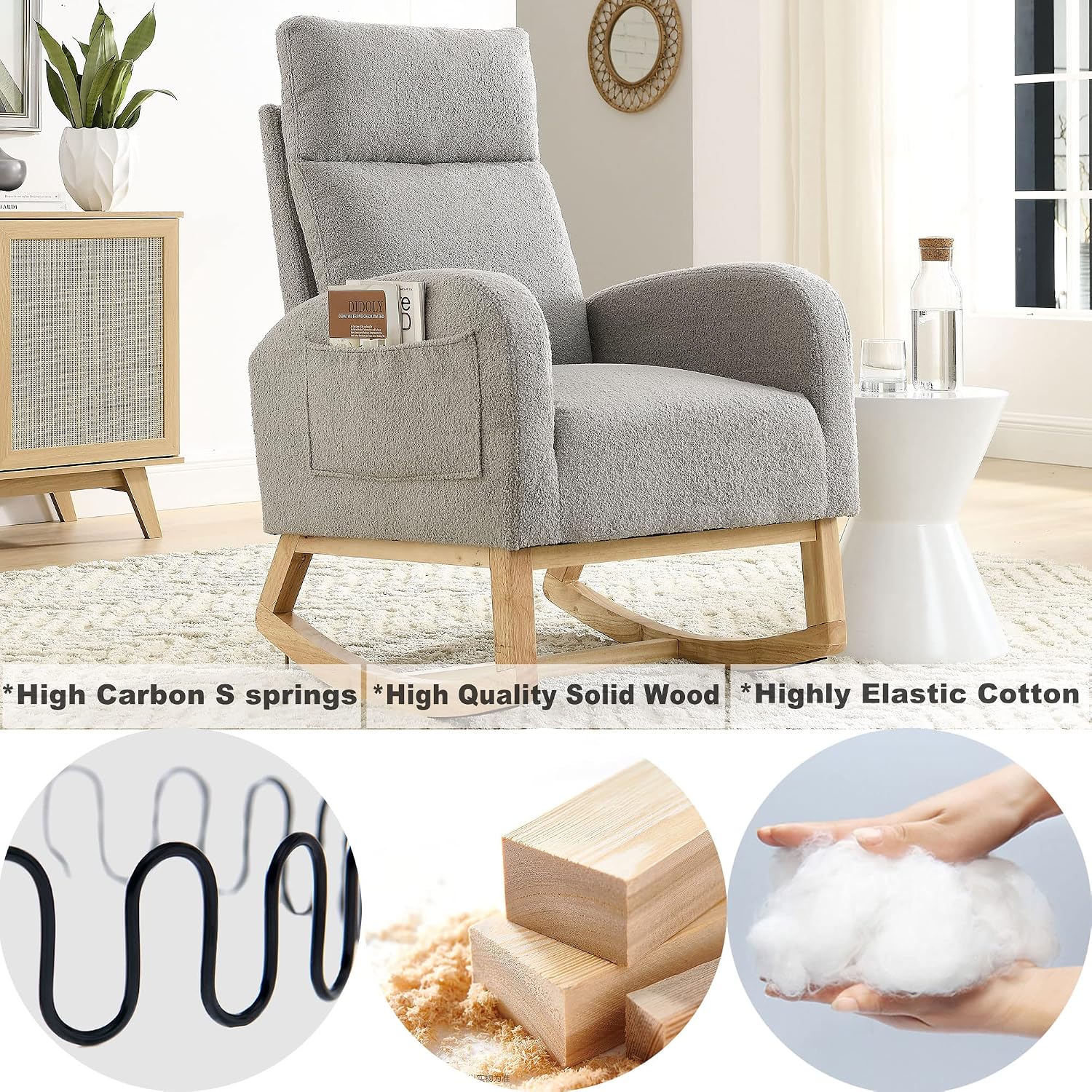 Setawix Teddy Fabric Rocking Accent Chair,Mid Century Modern Rocking Glider Armchair,Leisure Tufted Rocker Arm Chair for Nursery,Bedroom,Living Room (Teddy Light Grey, High Back)