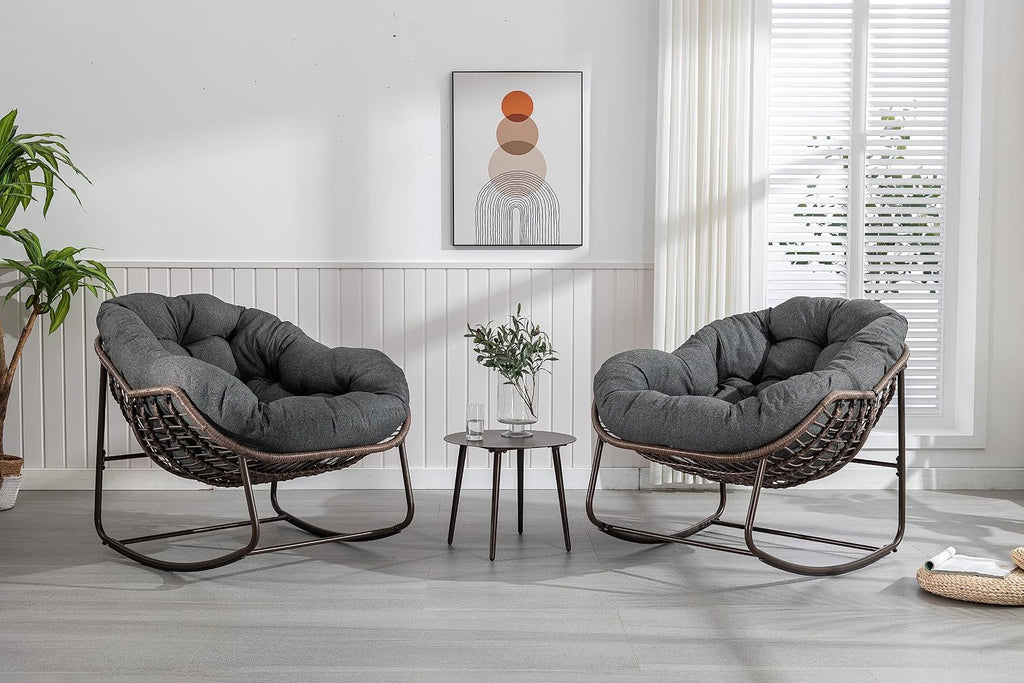 Wicker Outdoor Rocking Chair Rattan Egg Chair with Thick Cushion 30° Smooth Rocking Patio Lounge Reclining for Indoor Outdoor Use Living Room Front Porch Balcony Lawn Garden, Dark Grey