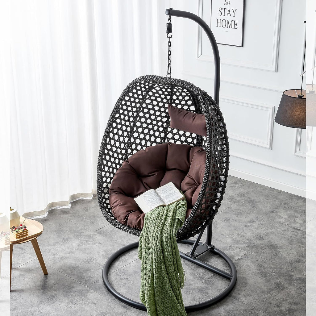 Egg Chair Indoor Outdoor, Hanging Chair for Bedroom, Swing Chair Hammock with Stand & Cushions, Comfy Swinging Chair Adult Reading Chair for Patio Balcony Backyard, Heavy Duty 350LBS, Black