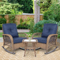 3 Pieces Outdoor Patio Bistro Rocking Chair Set, Rattan Patio Rocker Chairs Set with Cushions and Glass-Top Coffee Table, Conversation Bistro Set for Porch & Backyard - Navy Blue