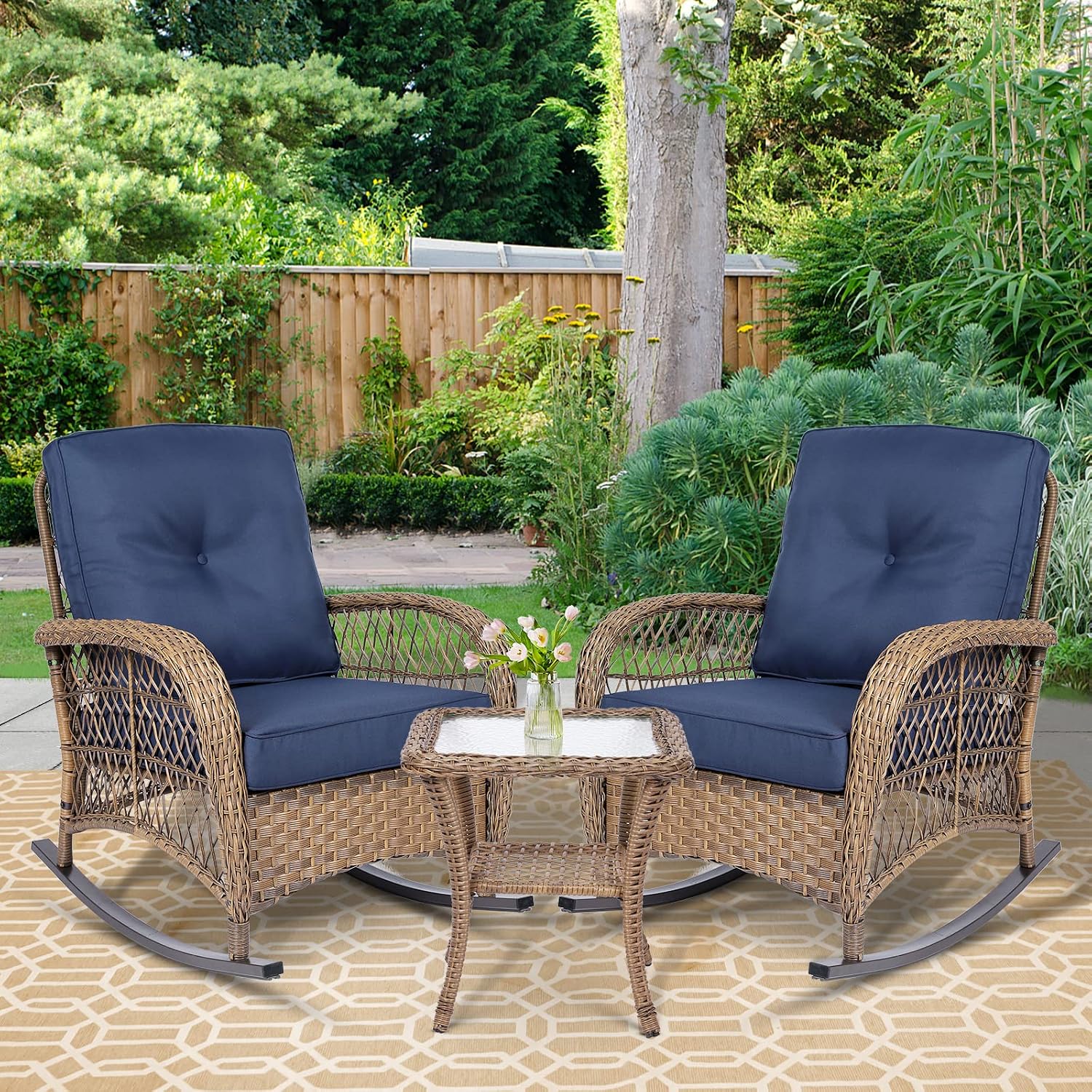 3 Pieces Outdoor Patio Bistro Rocking Chair Set, Rattan Patio Rocker Chairs Set with Cushions and Glass-Top Coffee Table, Conversation Bistro Set for Porch & Backyard - Navy Blue