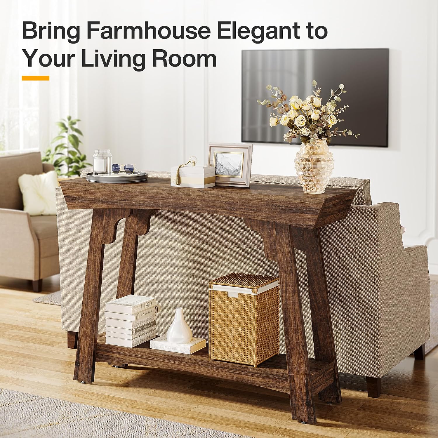Tribesigns 41.3' Farmhouse Console Table, Small Entryway Table with 2-Tier Storage, Narrow Wooden Sofa Table Behind Couch for Living Room, Foyer, Hallway, Rustic Brown