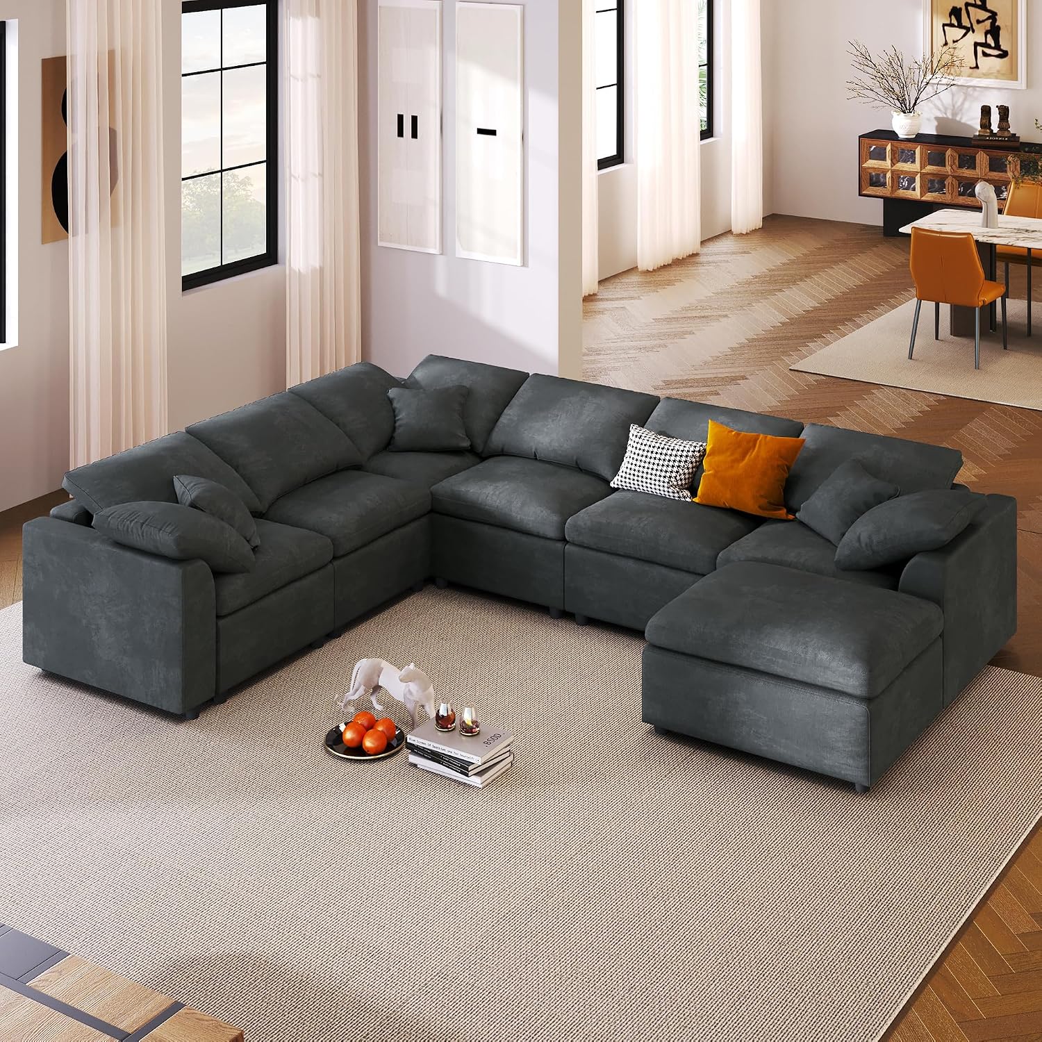 124.8' W Modular Sectional Sofa L Shaped Modern Couch with Ottoman, Deep Seat and Wide Chaise for Living Room, Gray