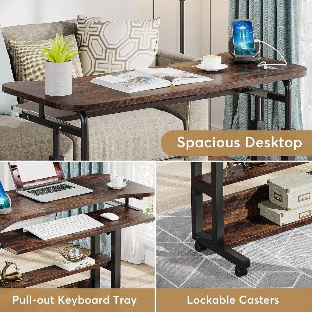 Tribesigns Portable Desk with Power Outlets, Height Adjustable Side Table Sofa Couch Bedside Laptop Computer Cart with USB Charging Ports, Mobile Small Standing Desk with Keyboard Tray