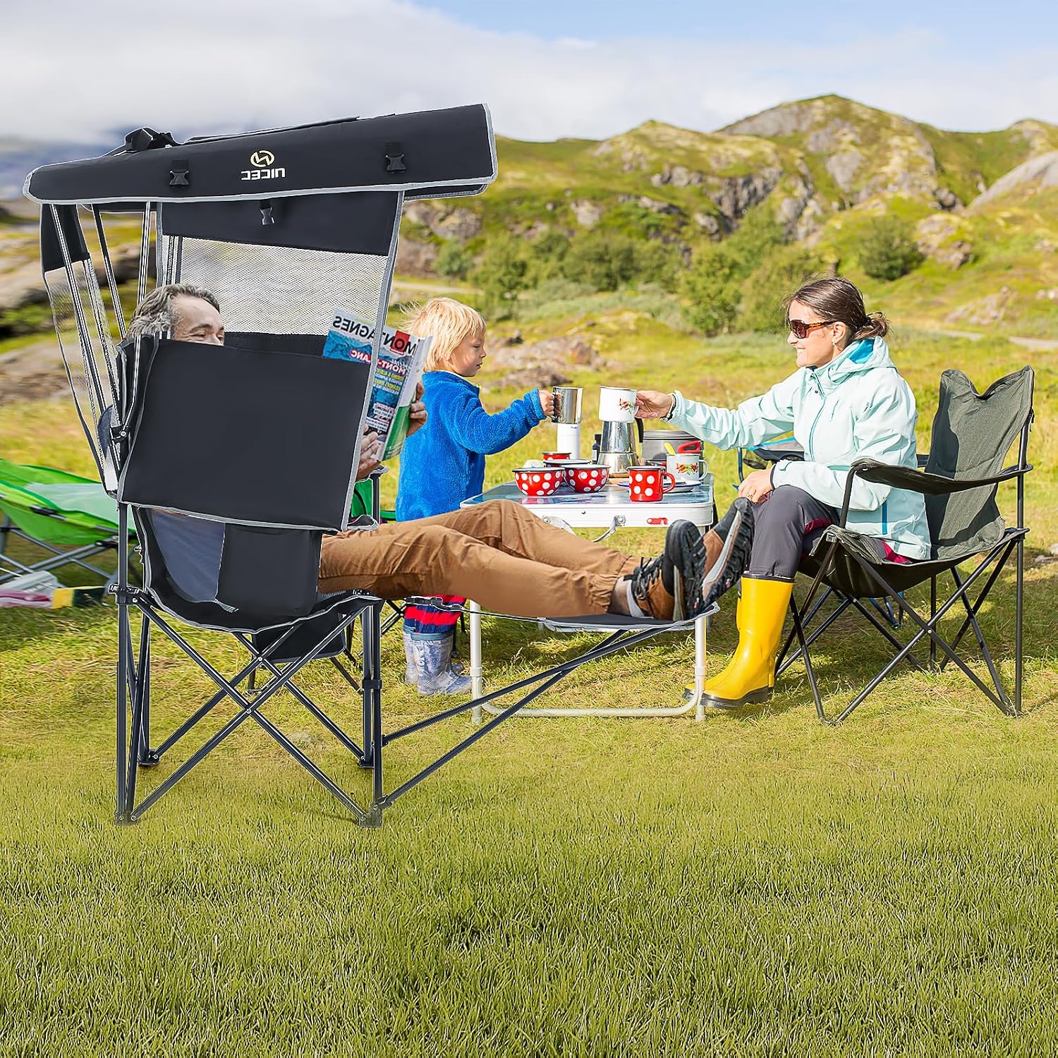 Nice C Chair with Canopy, Heated Camping Chair with Battery, Outdoor Sports Chairs with Shade, Heated Folding Umbrella Lawn Chairs, with Removable Footrest (2-Pack)