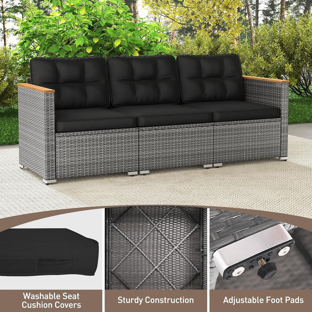 Tangkula 3-Seat Patio Wicker Couch Sofa, Outdoor 3 Seater Rattan Furniture Set with Acacia Wood Armrests & Thick Cushion, Outside Sectional Sofa Couch for Porch, Deck, Garden and Backyard, Black