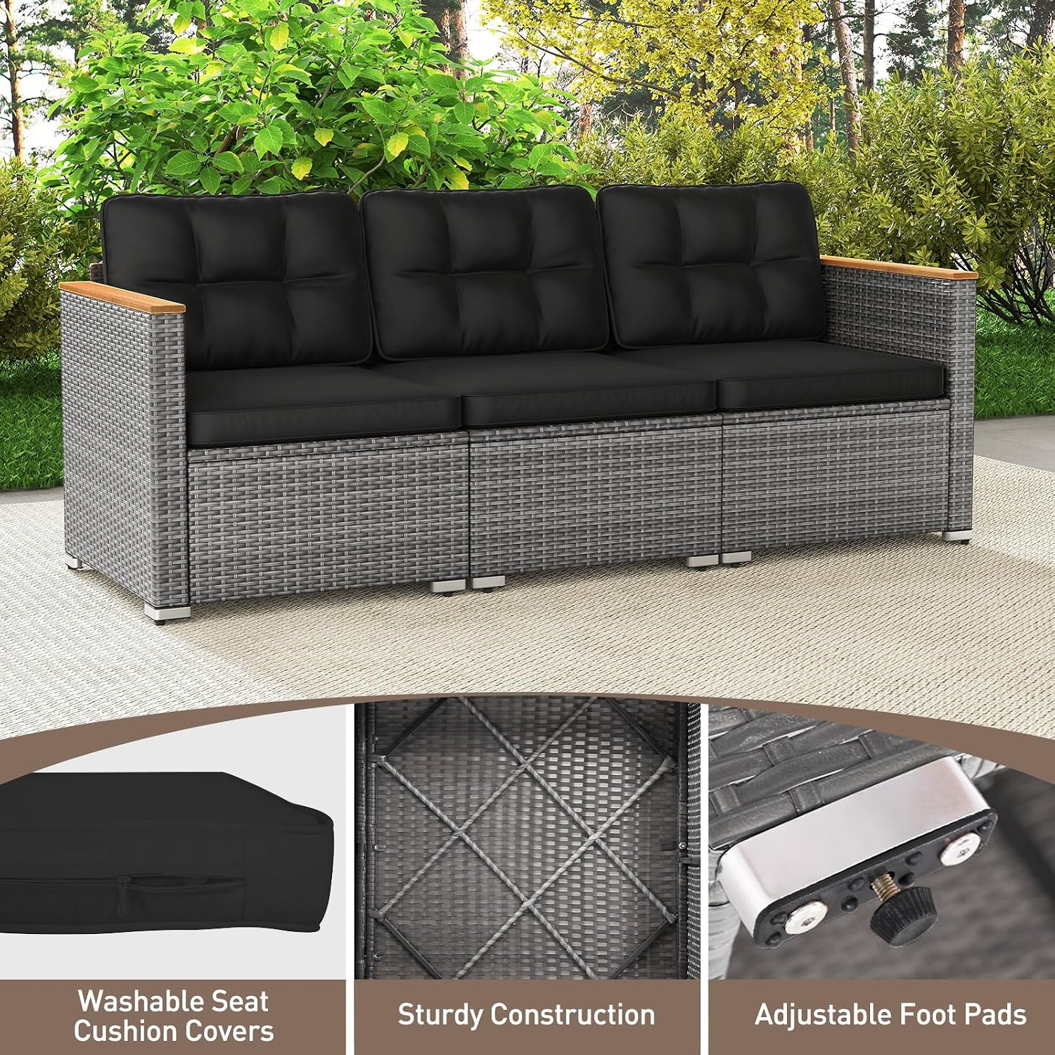 Tangkula 3-Seat Patio Wicker Couch Sofa, Outdoor 3 Seater Rattan Furniture Set with Acacia Wood Armrests & Thick Cushion, Outside Sectional Sofa Couch for Porch, Deck, Garden and Backyard, Black