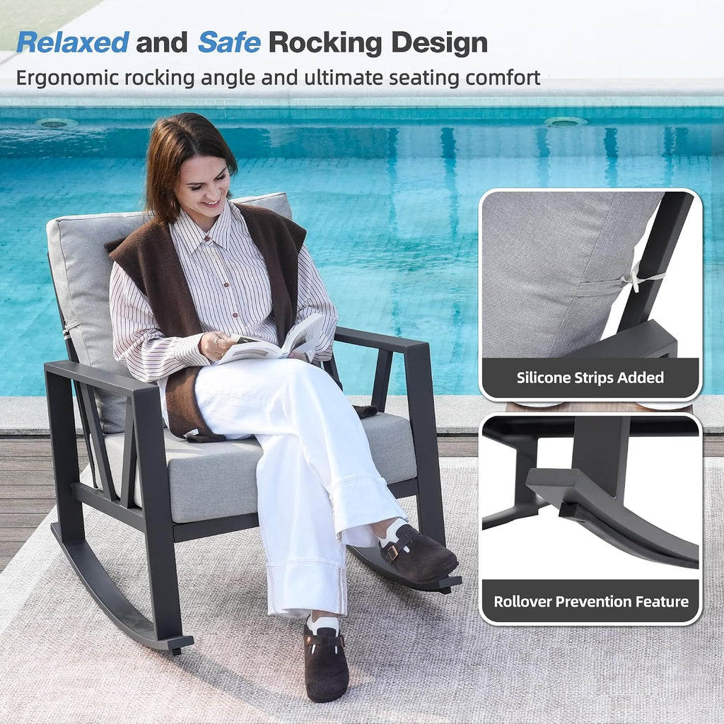Outdoor Patio Rocking Chairs Set of 2, 3 Pieces Patio Porch Furniture Set with 6' Thick Cushions, Outdoor Bistro Set with Coffee Table, Light Grey