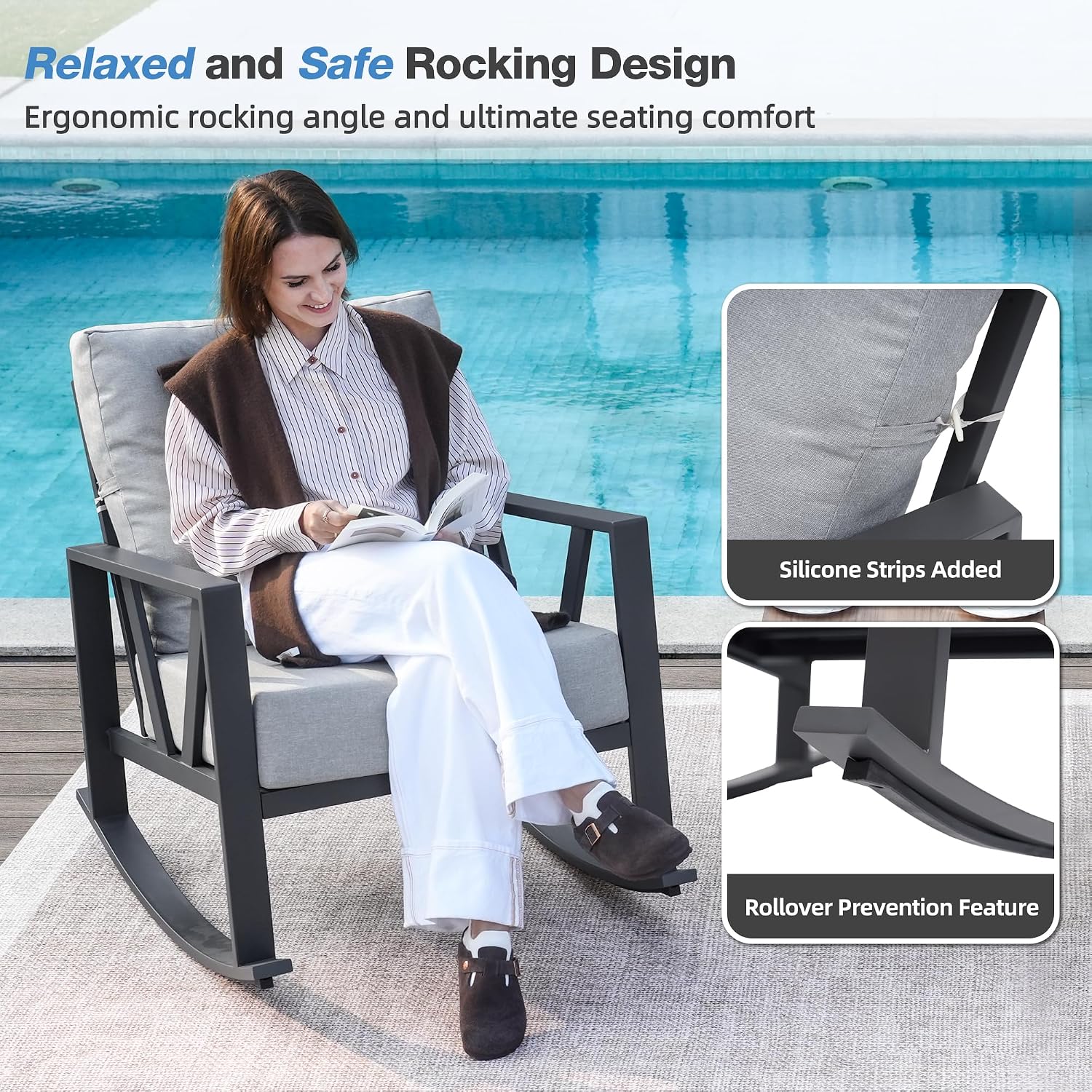 Outdoor Patio Rocking Chairs Set of 2, 3 Pieces Patio Porch Furniture Set with 6' Thick Cushions, Outdoor Bistro Set with Coffee Table, Light Grey